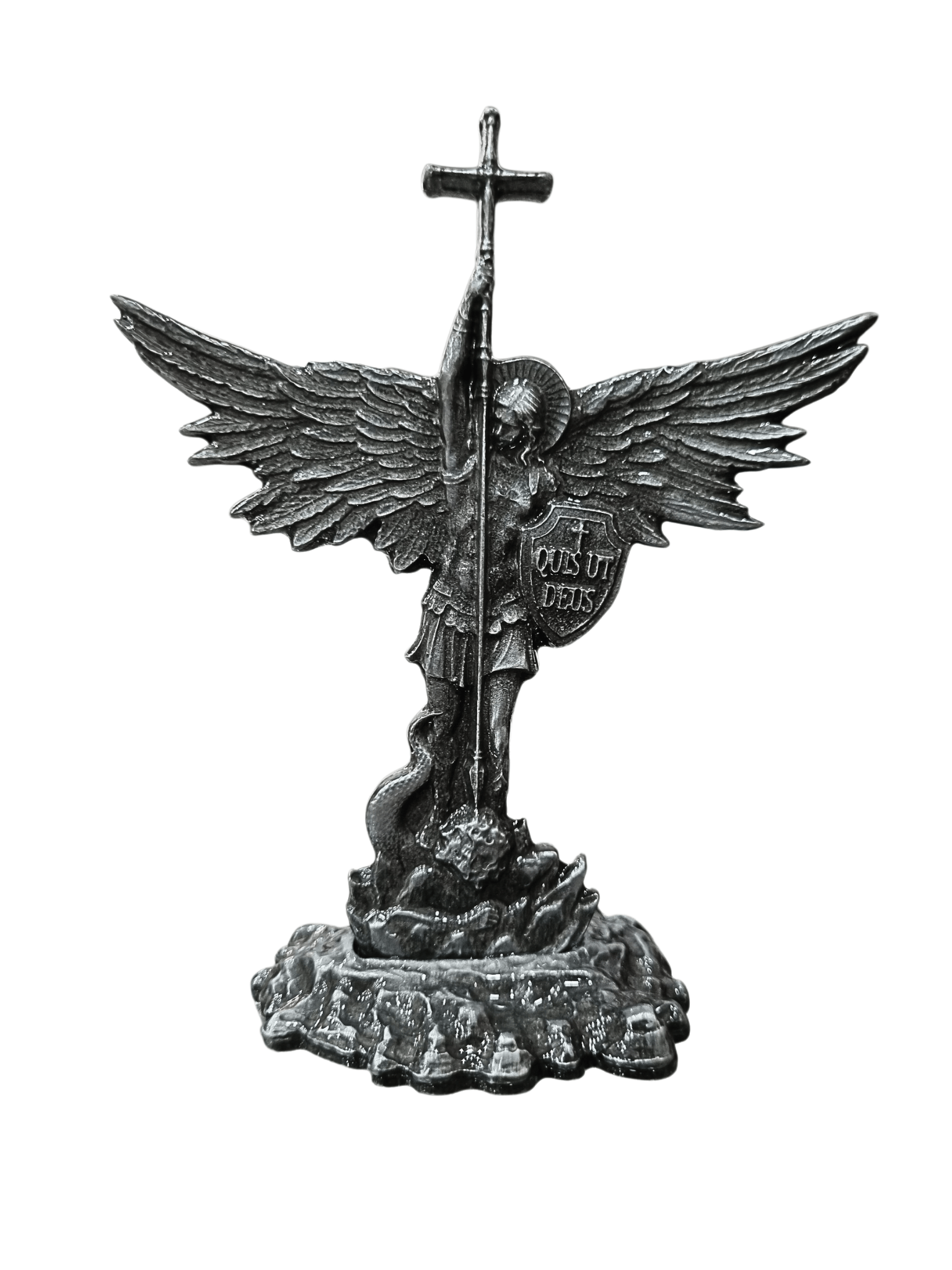 Adorno de Mesa São Miguel Arcanjo Metal Galvanizado Prata Velha 11 cm-TerraCotta Arte Sacra
