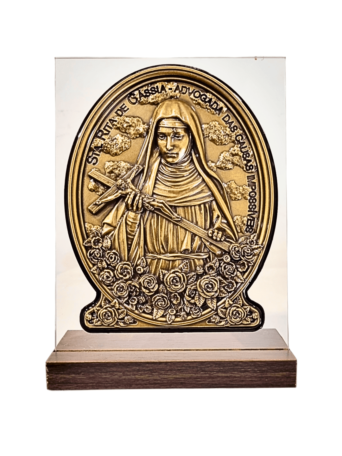 Adorno de Santa Rita em Bronze com Oração Dourado 21 cm-TerraCotta Arte Sacra