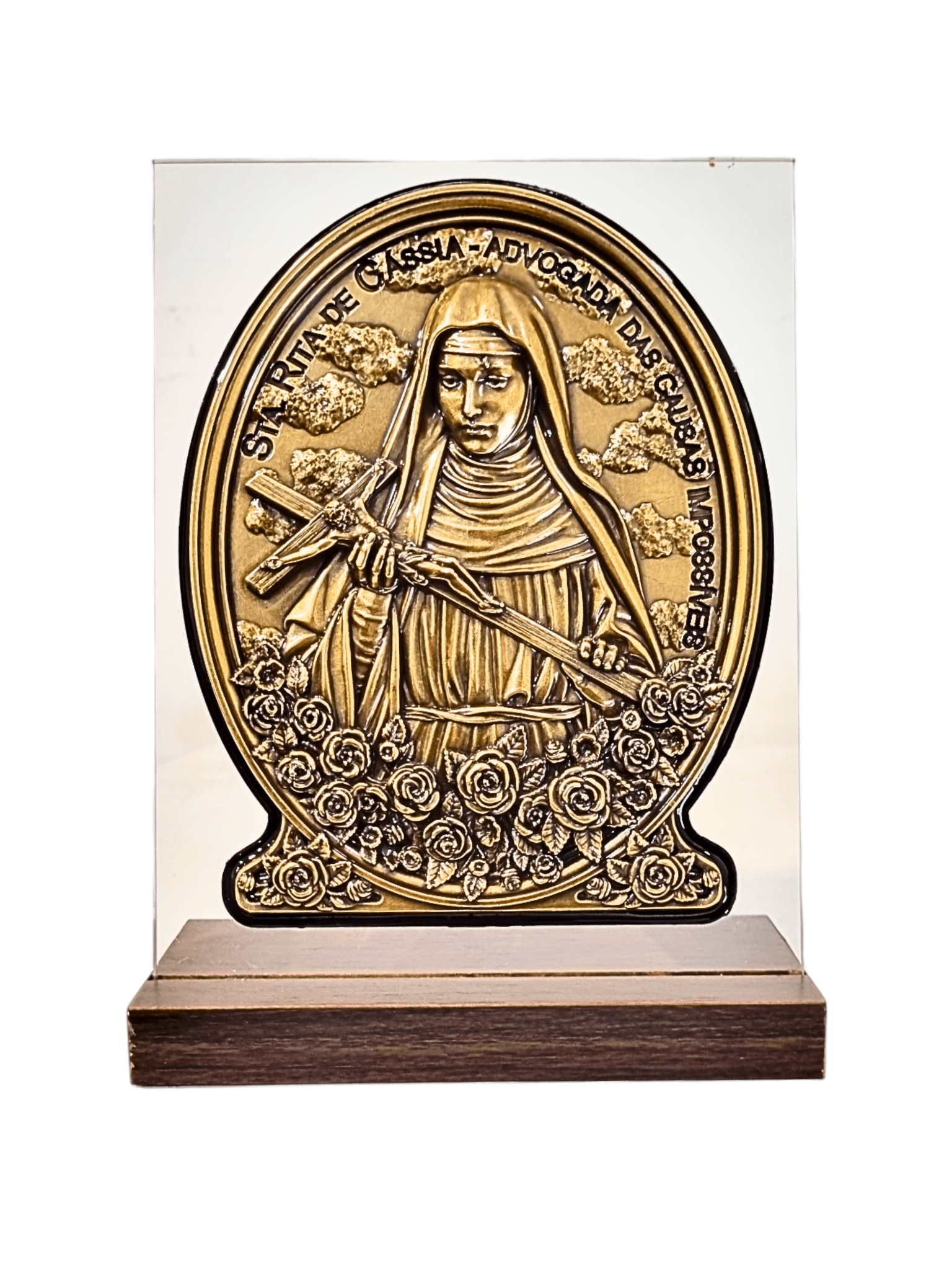 Adorno de Santa Rita em Bronze com Oração Dourado 21 cm-TerraCotta Arte Sacra