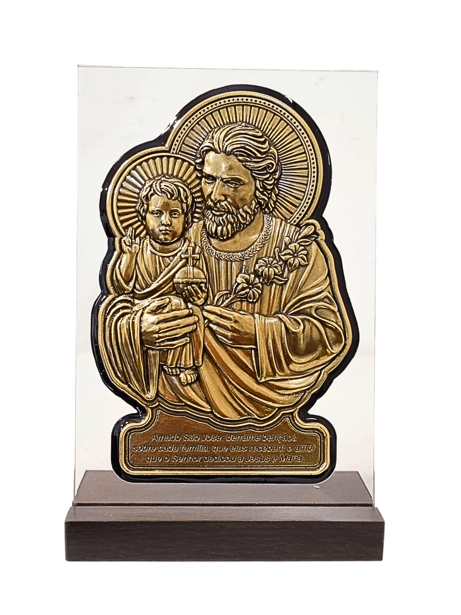 Adorno de São José em Bronze com Oração Dourado 21 cm-TerraCotta Arte Sacra