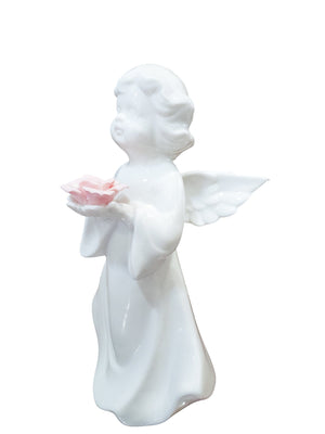 Anjo de Porcelana com Flor Rosa-TerraCotta Arte Sacra