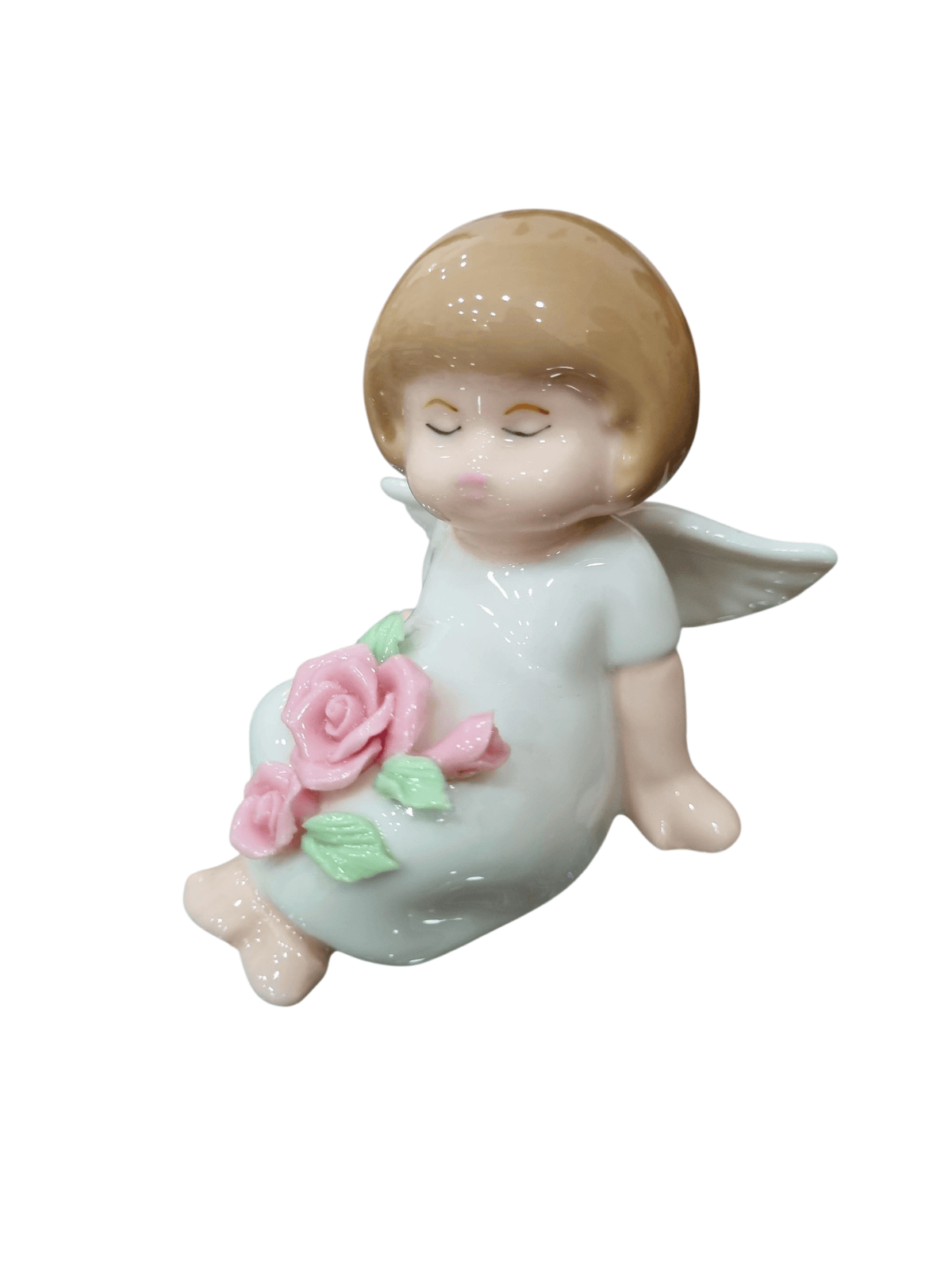 Anjo em Porcelana Sentado com Flores 6 cm-TerraCotta Arte Sacra