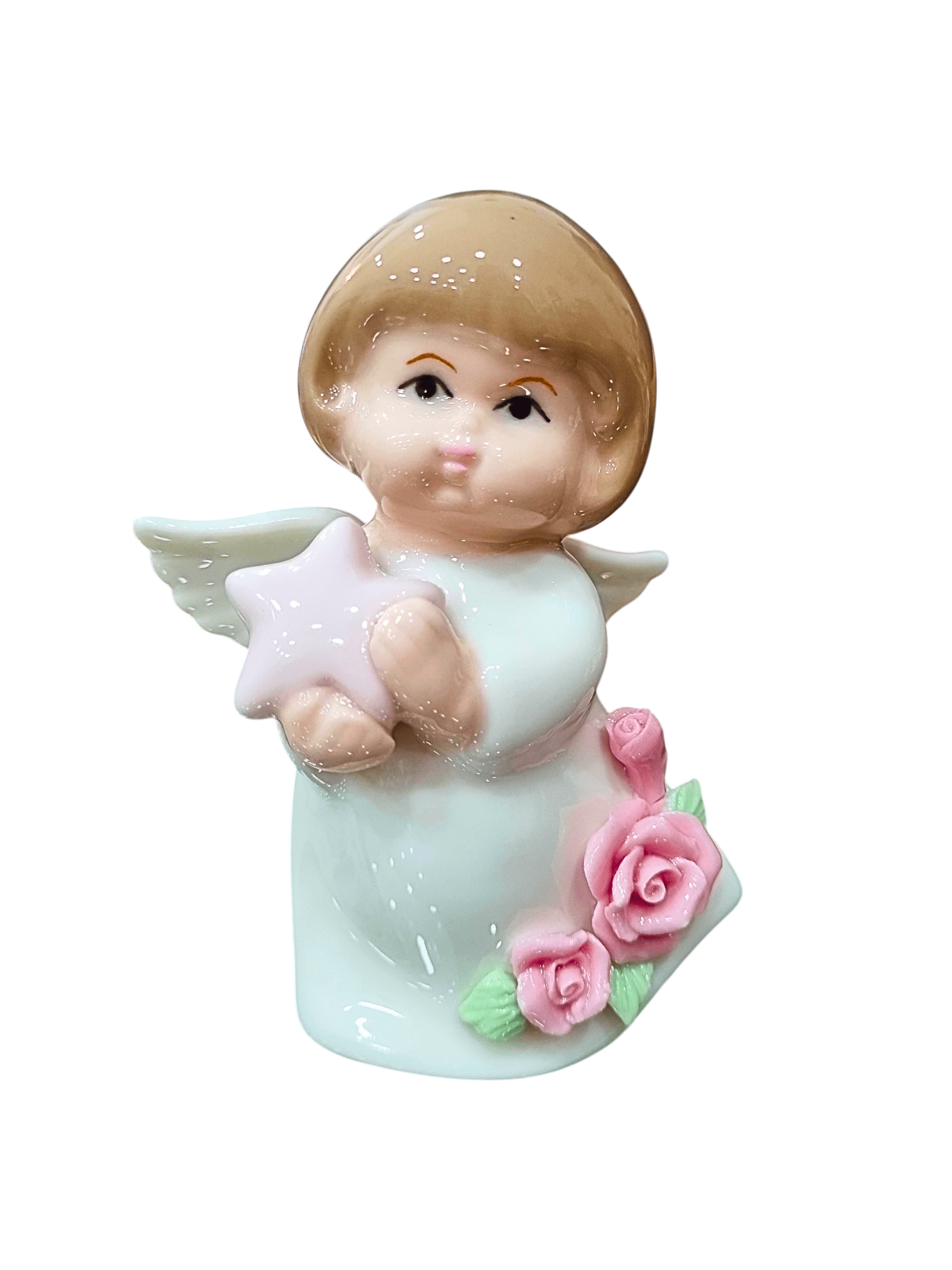Anjo em Porcelana com Flores e Estrela 10 cm-TerraCotta Arte Sacra