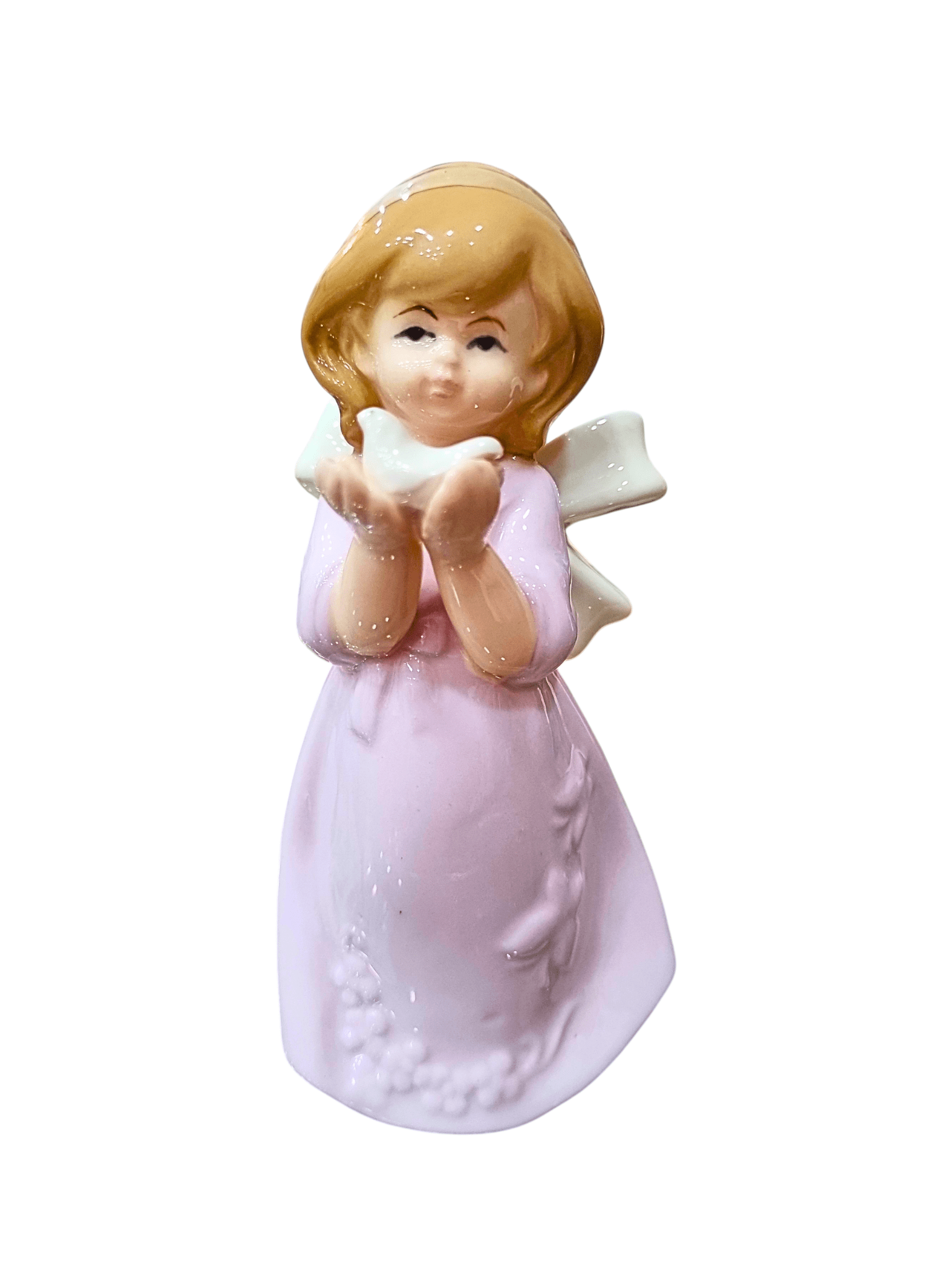Anjo em Porcelana com Pomba Veste Rosa 12 cm-TerraCotta Arte Sacra