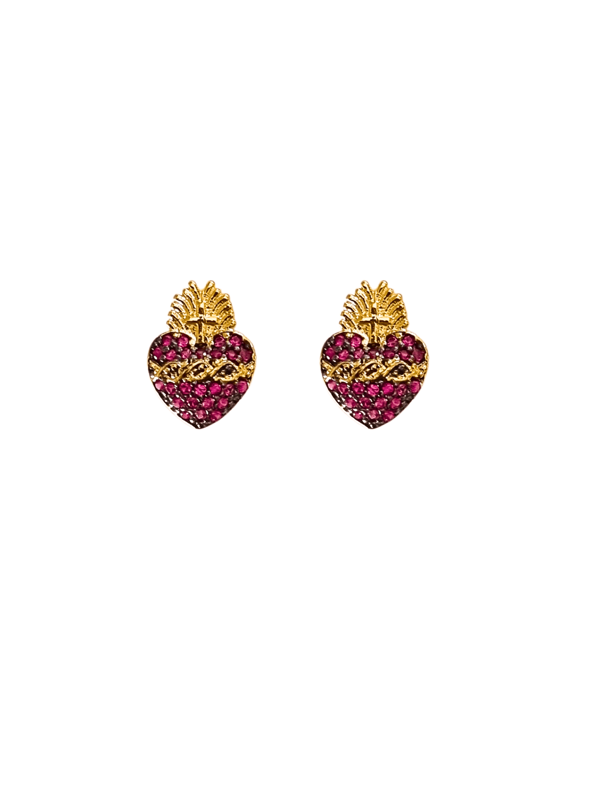 Brinco do Sagrado Coração Cravejado de Zircônias e Rubi em Prata de Lei 925 e Banho de Ouro 18 K-TerraCotta Arte Sacra