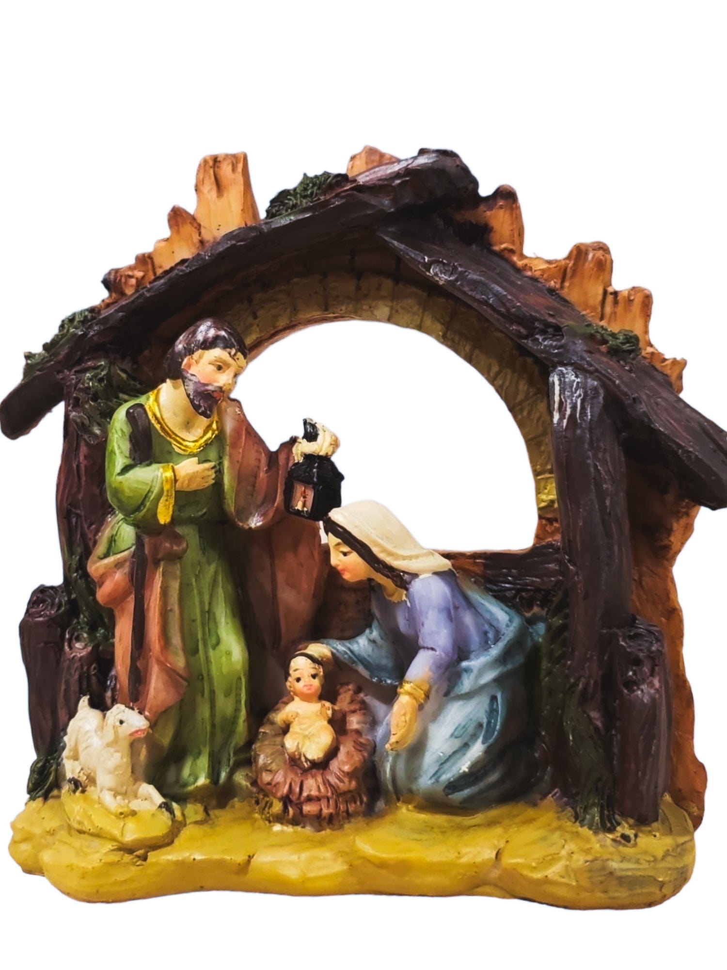 Cenário Sagrada Família com Ovelha Natalina 12 cm em Resina-TerraCotta Arte Sacra