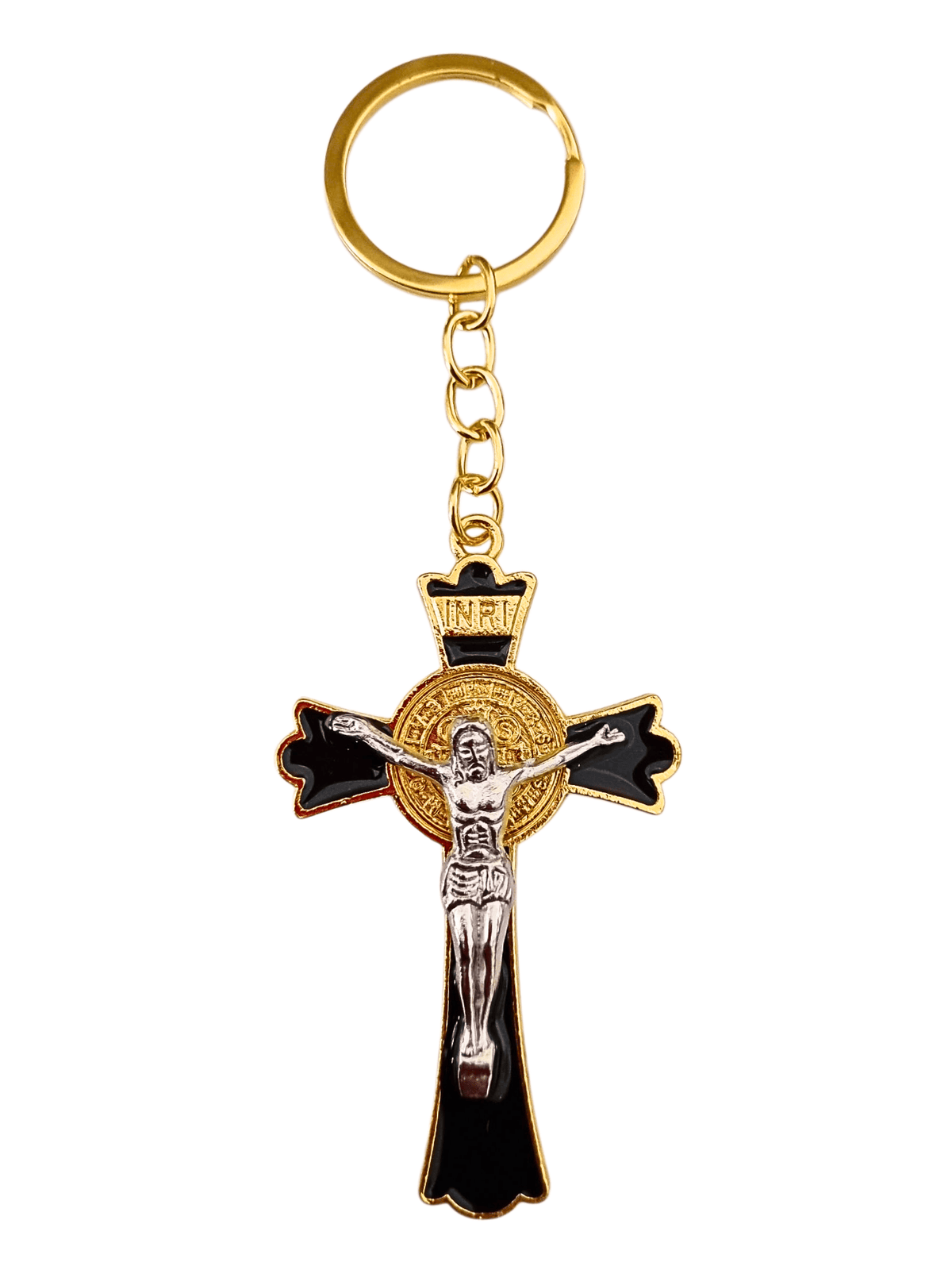 Chaveiro Cruz de São Bento Preto com Dourado 8 cm-TerraCotta Arte Sacra