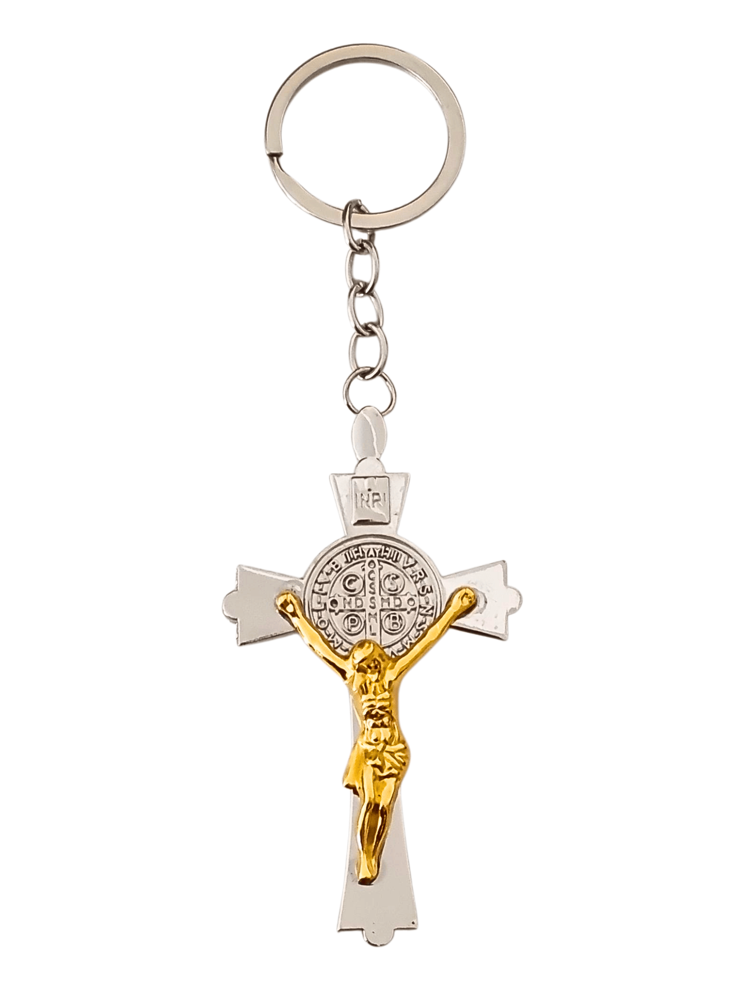 Chaveiro Cruz de São Bento com Cristo Dourado 8 cm-TerraCotta Arte Sacra
