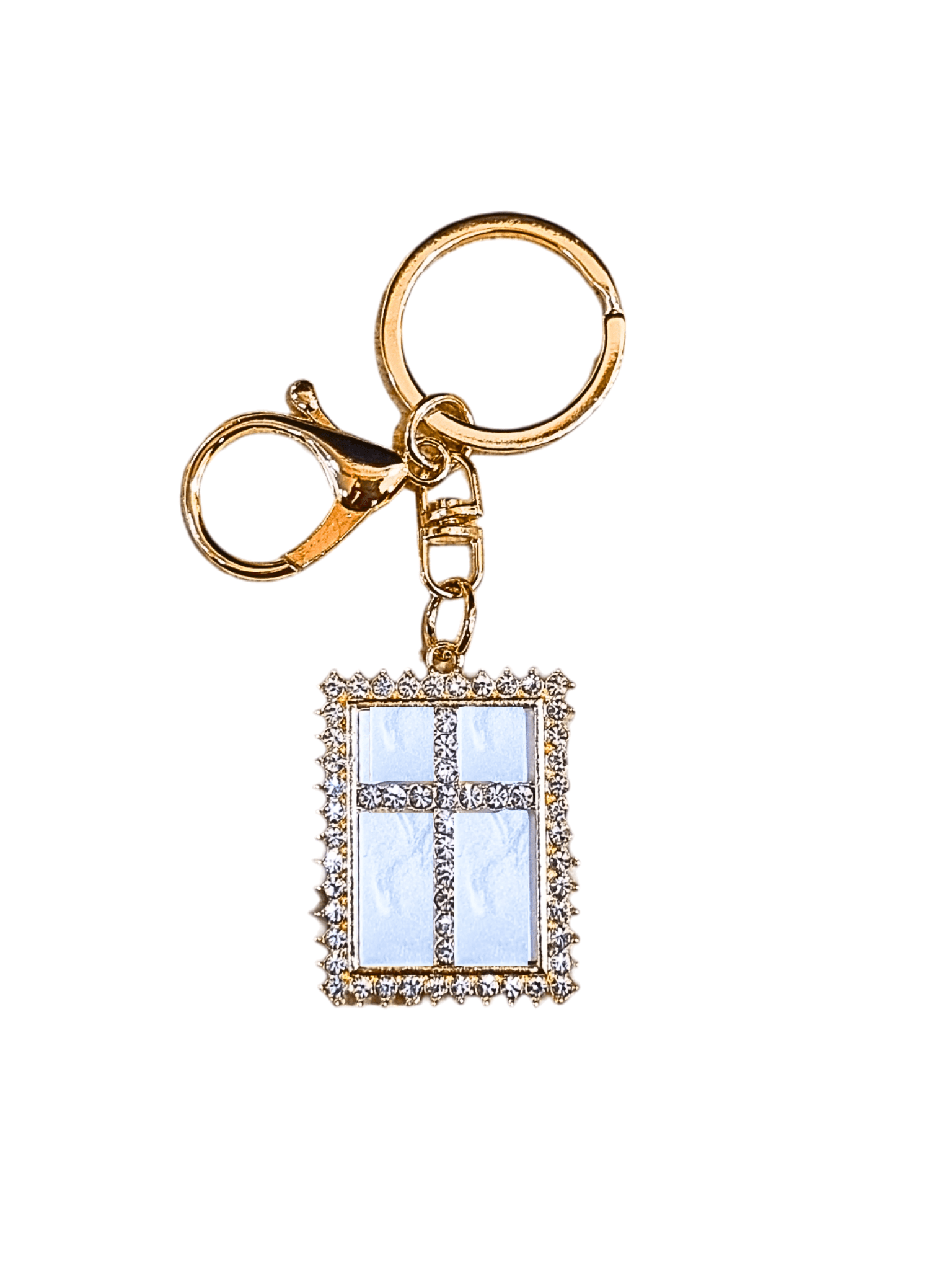 Chaveiro Dourado Cruz Cravejada com Moldura Quadrada-TerraCotta Arte Sacra