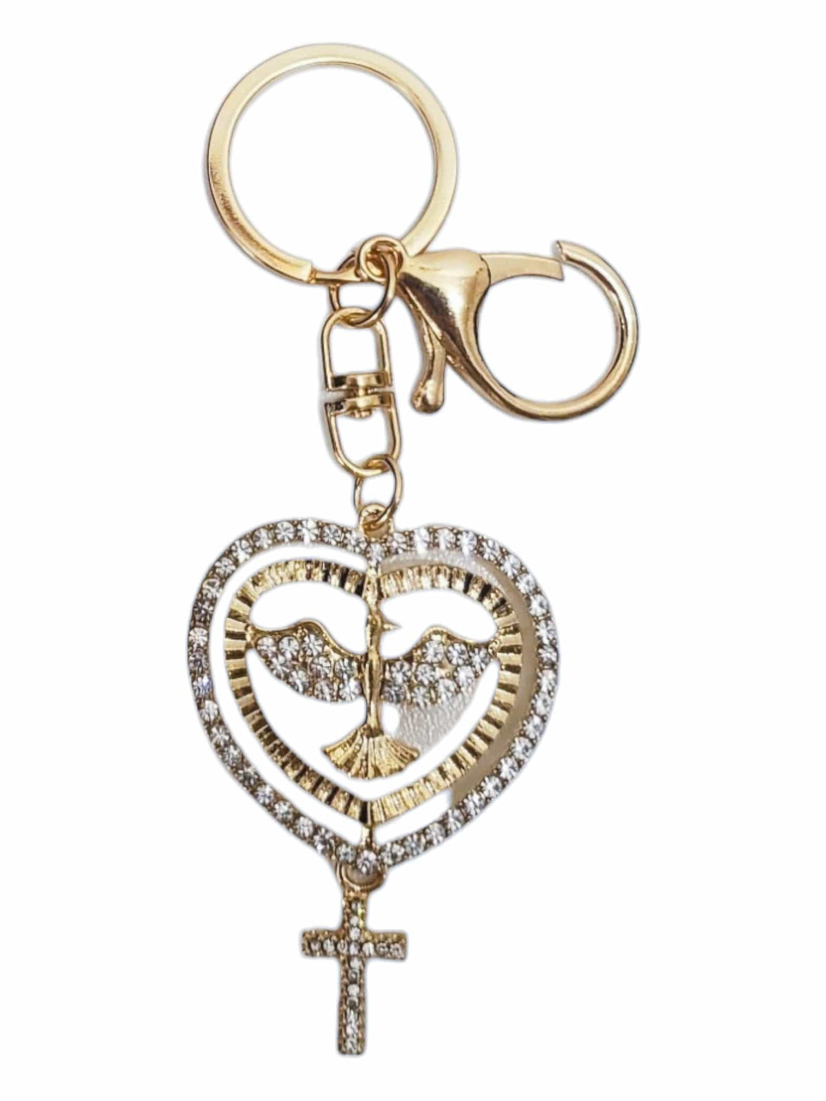 Chaveiro Dourado Espírito Santo Coração com Cruz e Strass-TerraCotta Arte Sacra