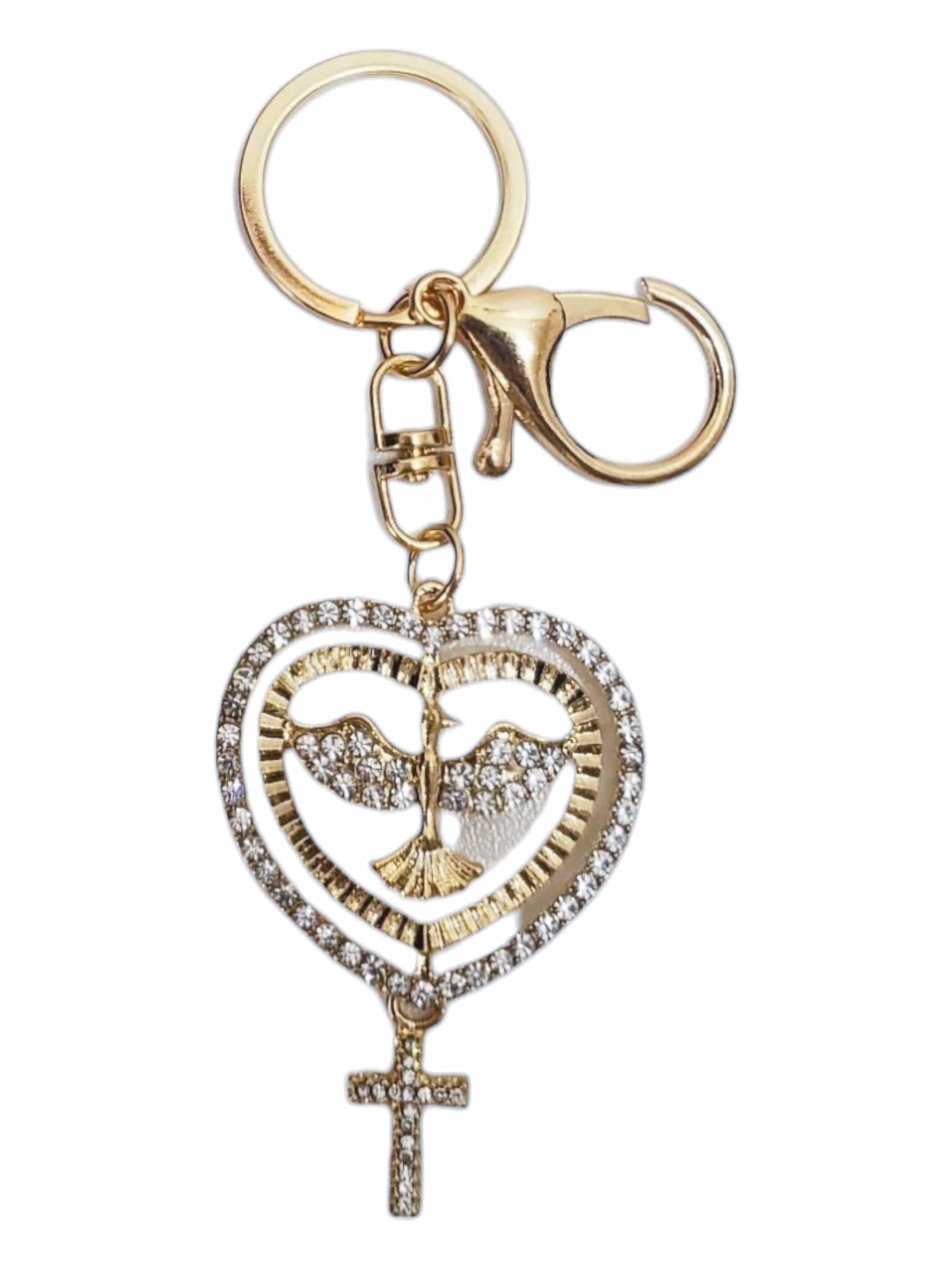 Chaveiro Dourado Espírito Santo Coração com Cruz e Strass-TerraCotta Arte Sacra