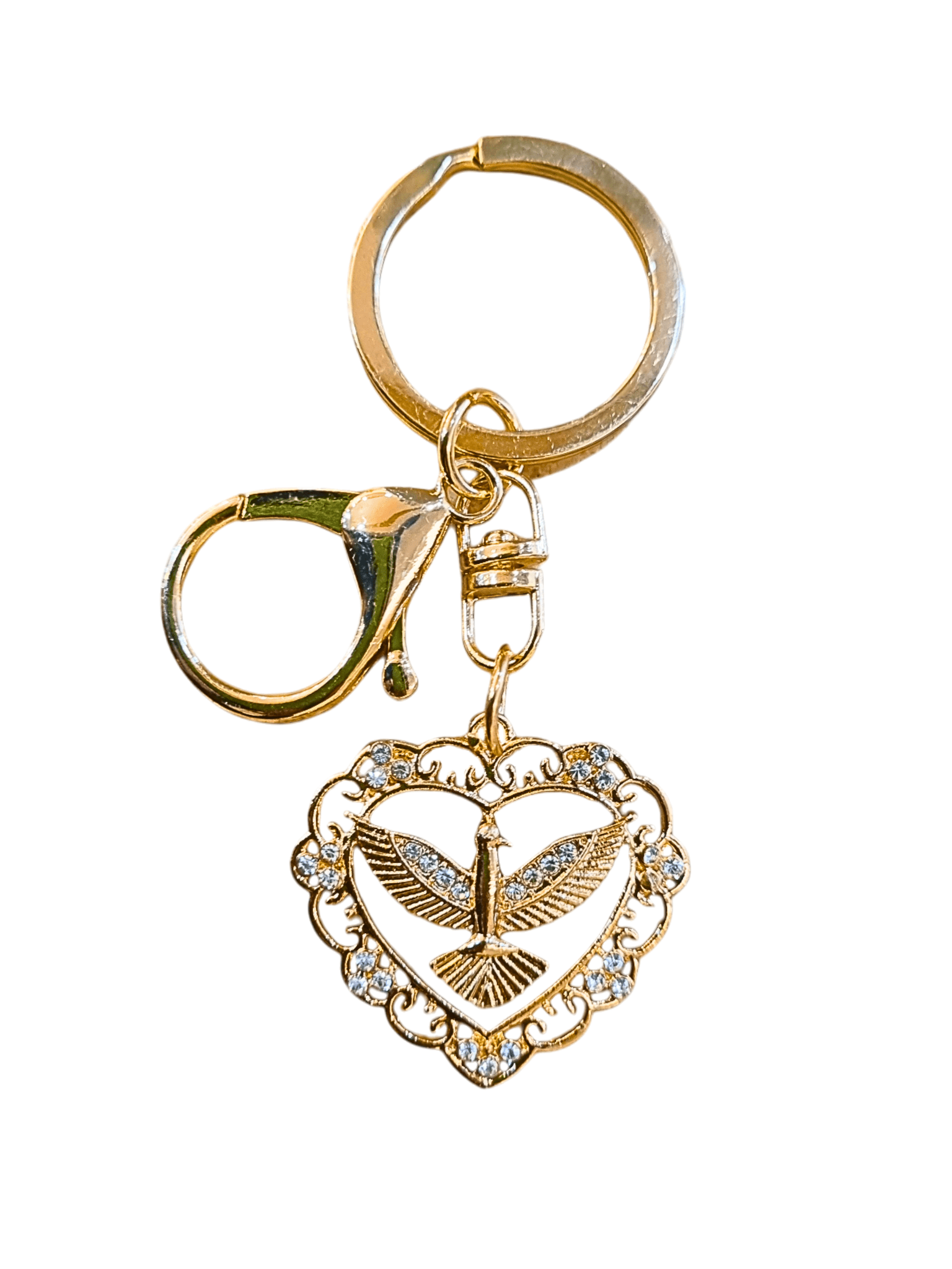 Chaveiro Dourado Espírito Santo Coração com Strass-TerraCotta Arte Sacra