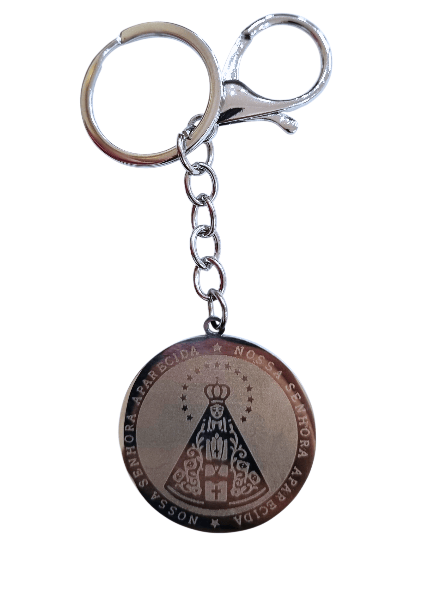 Chaveiro de Nossa Senhora Aparecida Prateado em Aço Inox-TerraCotta Arte Sacra