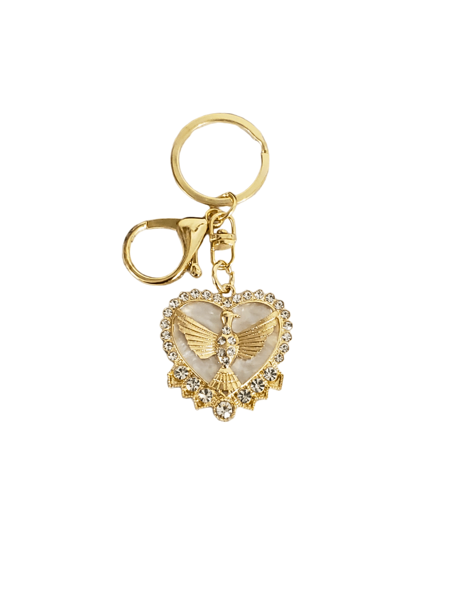 Chaveiro do Divino Espírito Santo no Coração com Strass Dourado-TerraCotta Arte Sacra