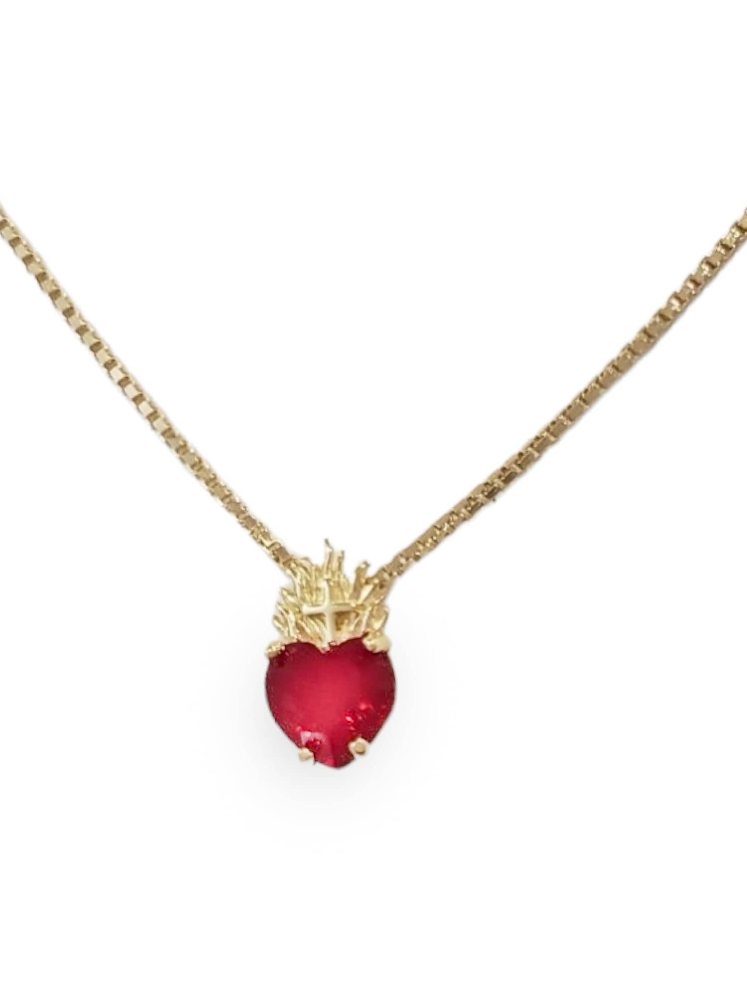 Colar Sagrado Coração de Prata de Lei 925 com Banho de Ouro 18 k com Zircônia Rubi-TerraCotta Arte Sacra