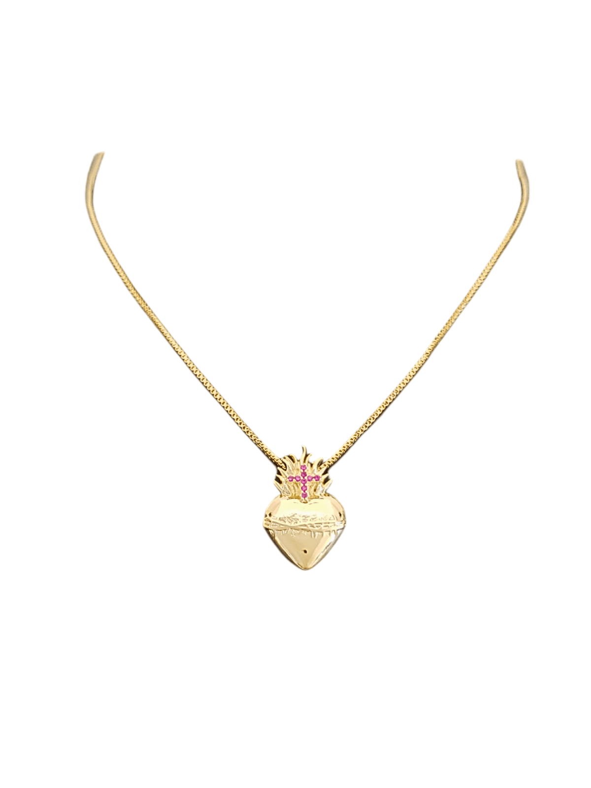 Colar Sagrado Coração e Cruz de Prata de Lei 925 com Banho de Ouro 18 k com Zircônias Rubis-TerraCotta Arte Sacra