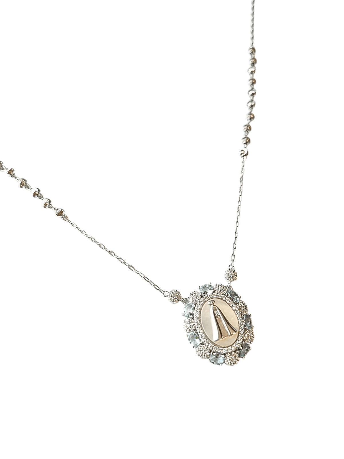 Colar de Terço de Nossa Senhora Aparecida Pavê de Zircônias e Água Marinha-TerraCotta Arte Sacra