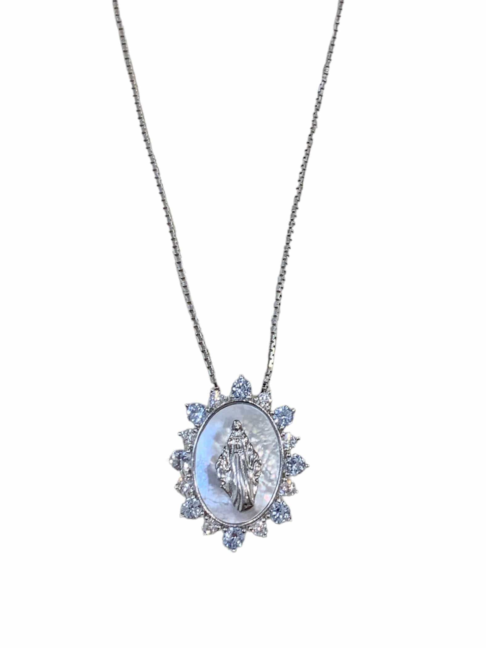 Conjunto Nossa Senhora das Graças em Madrepérola e Zircônias Prata de Lei 925 e Banho de Ródio-TerraCotta Arte Sacra