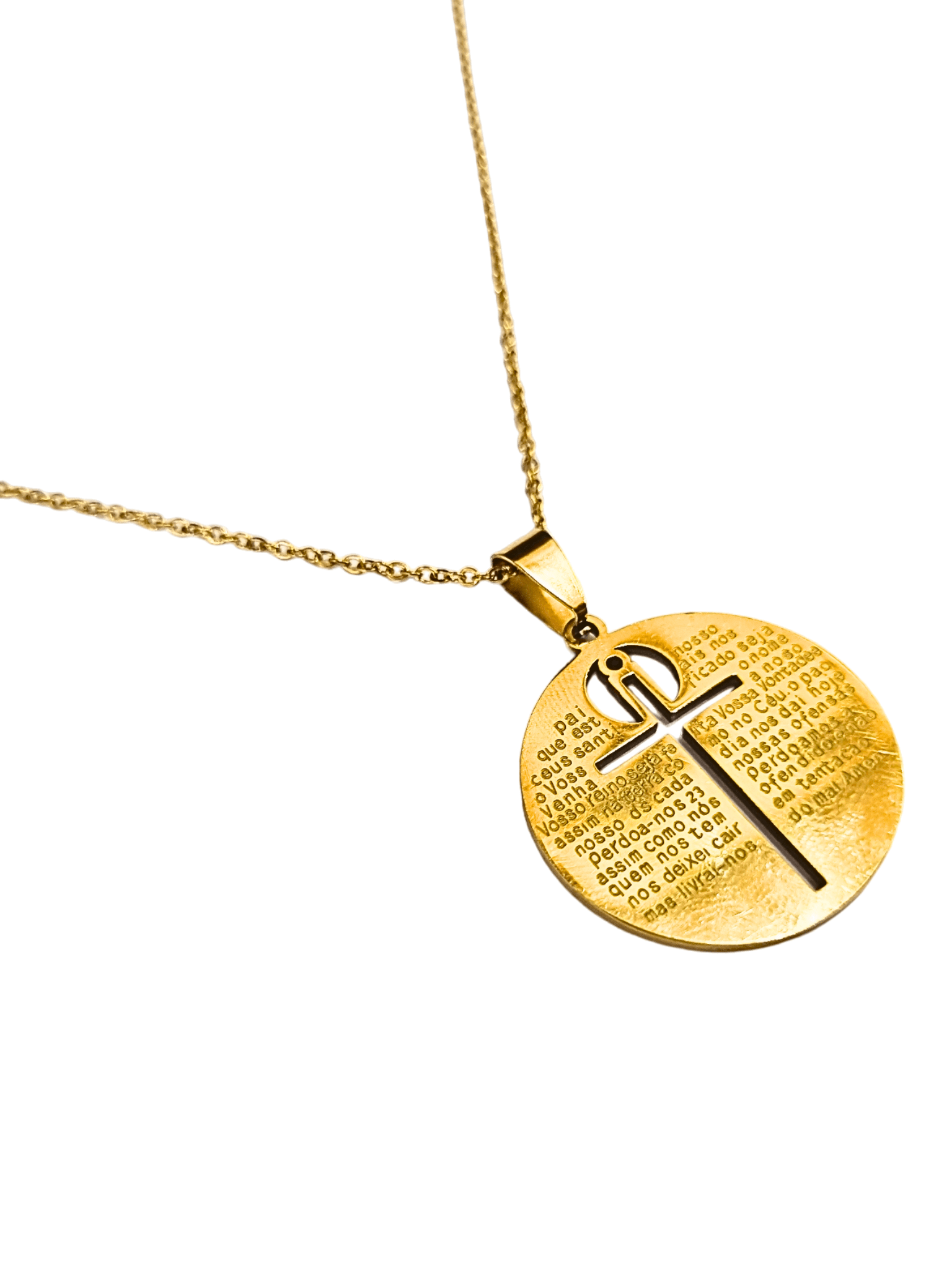 Corrente Aço Inox Dourada Redonda Pingente Redondo Pai Nosso e Cruz Central-TerraCotta Arte Sacra