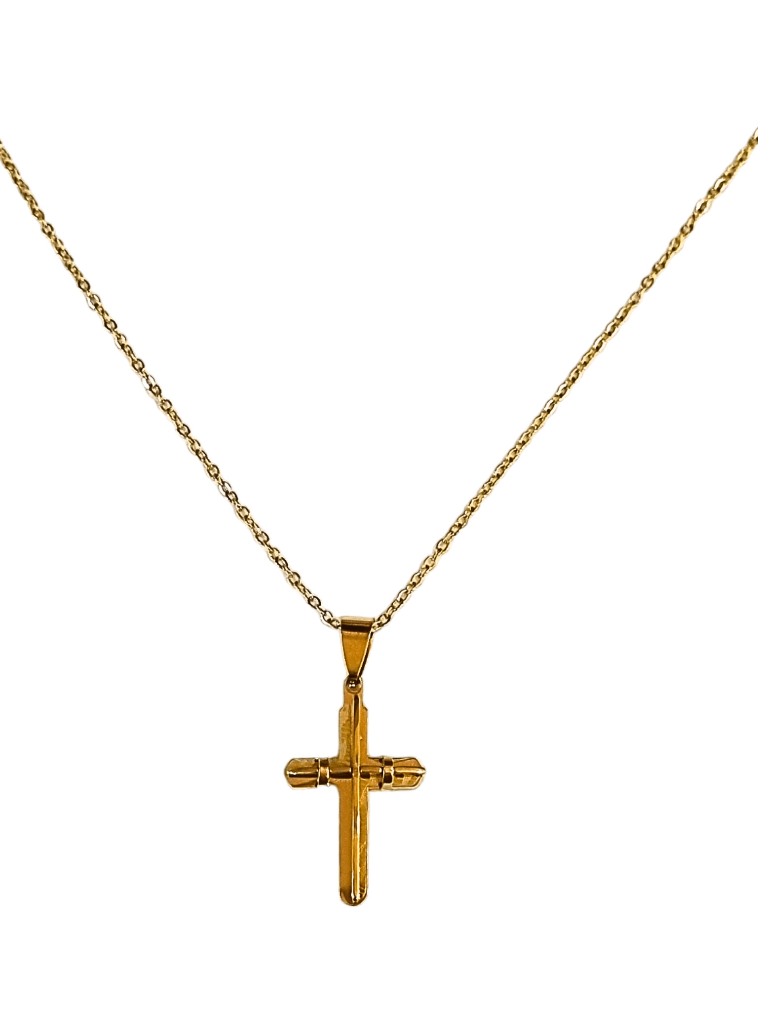 Corrente Aço Inox Dourada com Cruz Dupla e Acabamentos Laterais-TerraCotta Arte Sacra