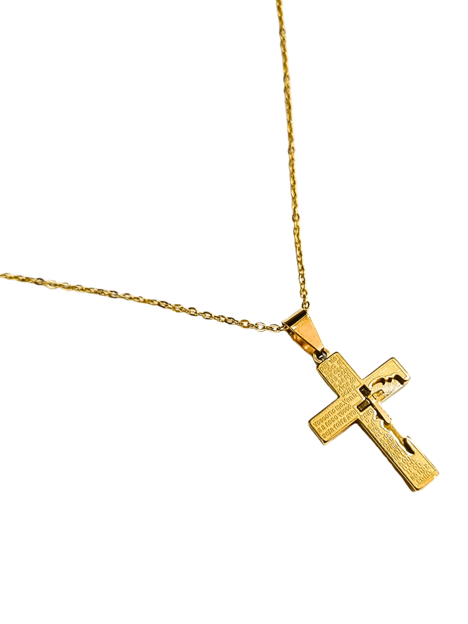 Corrente Aço Inox Dourada com Cruz Pai Nosso e Mini Cruz Lateral-TerraCotta Arte Sacra