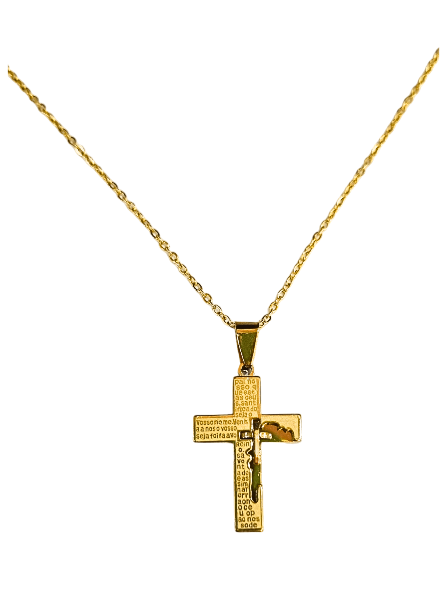 Corrente Aço Inox Dourada com Cruz Pai Nosso e Mini Cruz Lateral-TerraCotta Arte Sacra
