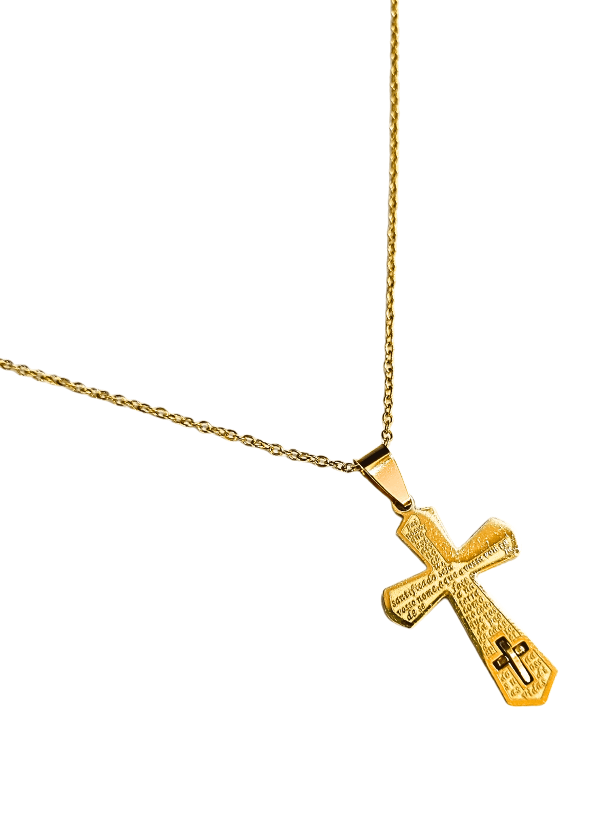 Corrente Aço Inox Dourada com Cruz Pai Nosso e Mini Cruz em Baixo-TerraCotta Arte Sacra