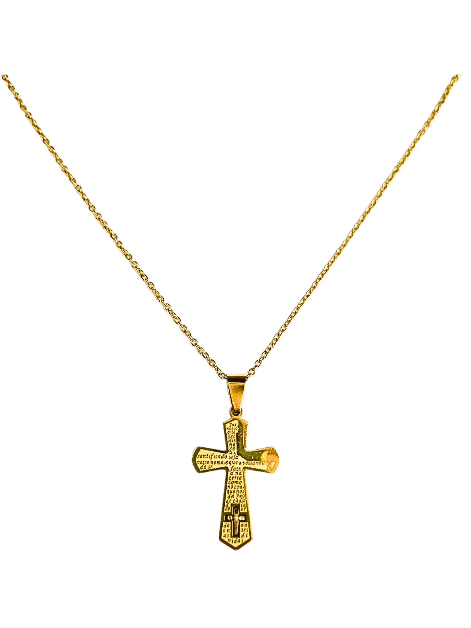 Corrente Aço Inox Dourada com Cruz Pai Nosso e Mini Cruz em Baixo-TerraCotta Arte Sacra