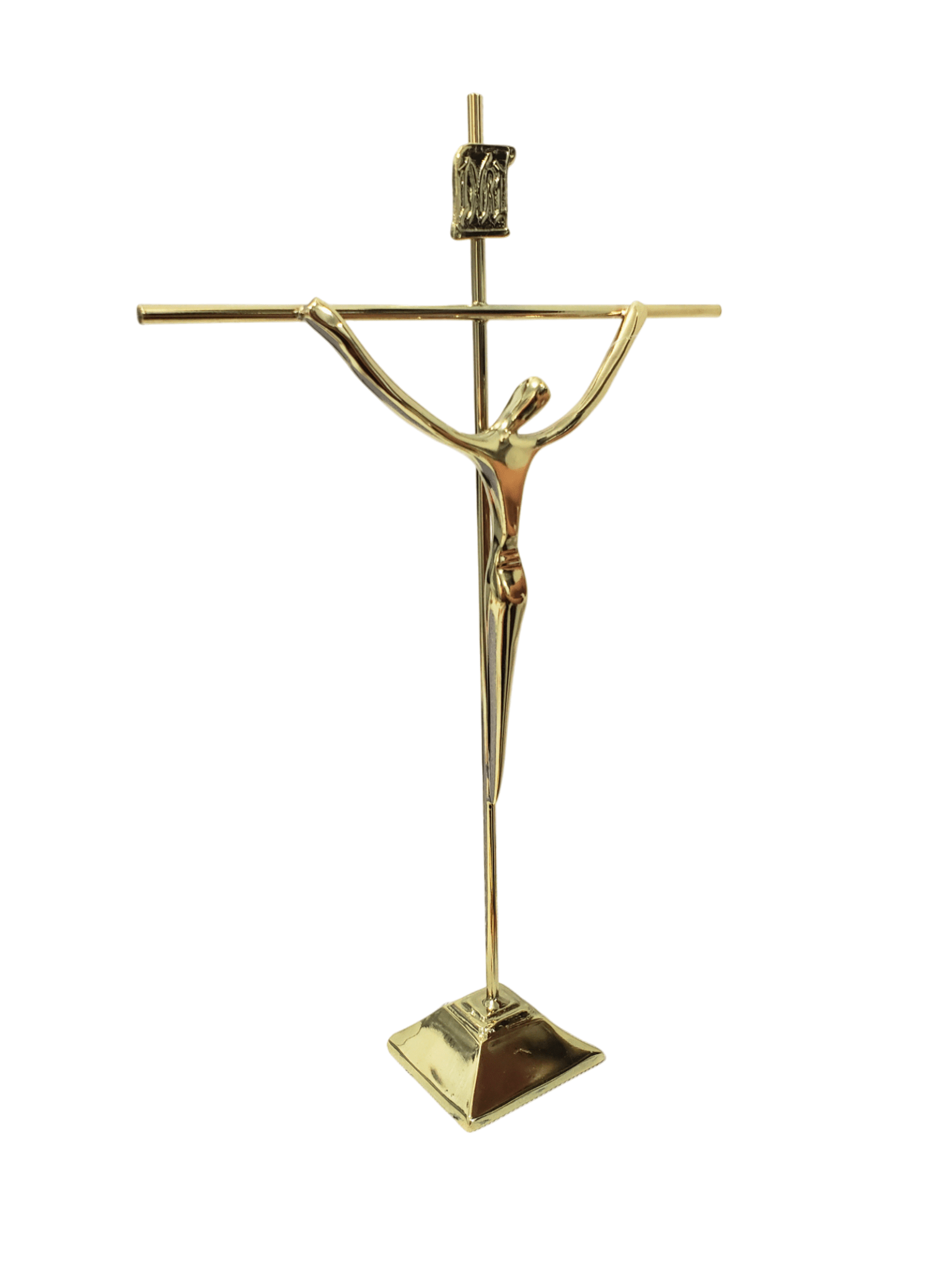 Crucifixo com Base Cristo Estilizado de Aço Galvanizado Dourado 30 cm-TerraCotta Arte Sacra