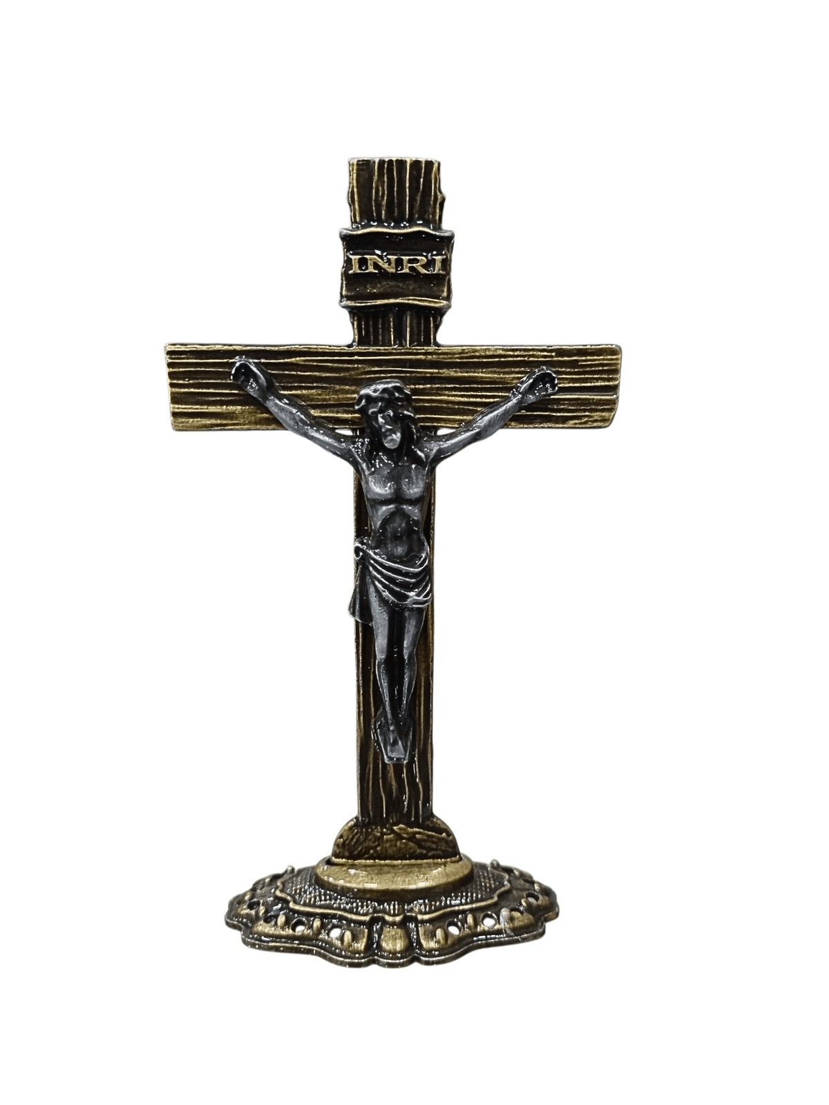 Crucifixo de Mesa Metal Galvanizado Ouro Velho 13,5 cm-TerraCotta Arte Sacra