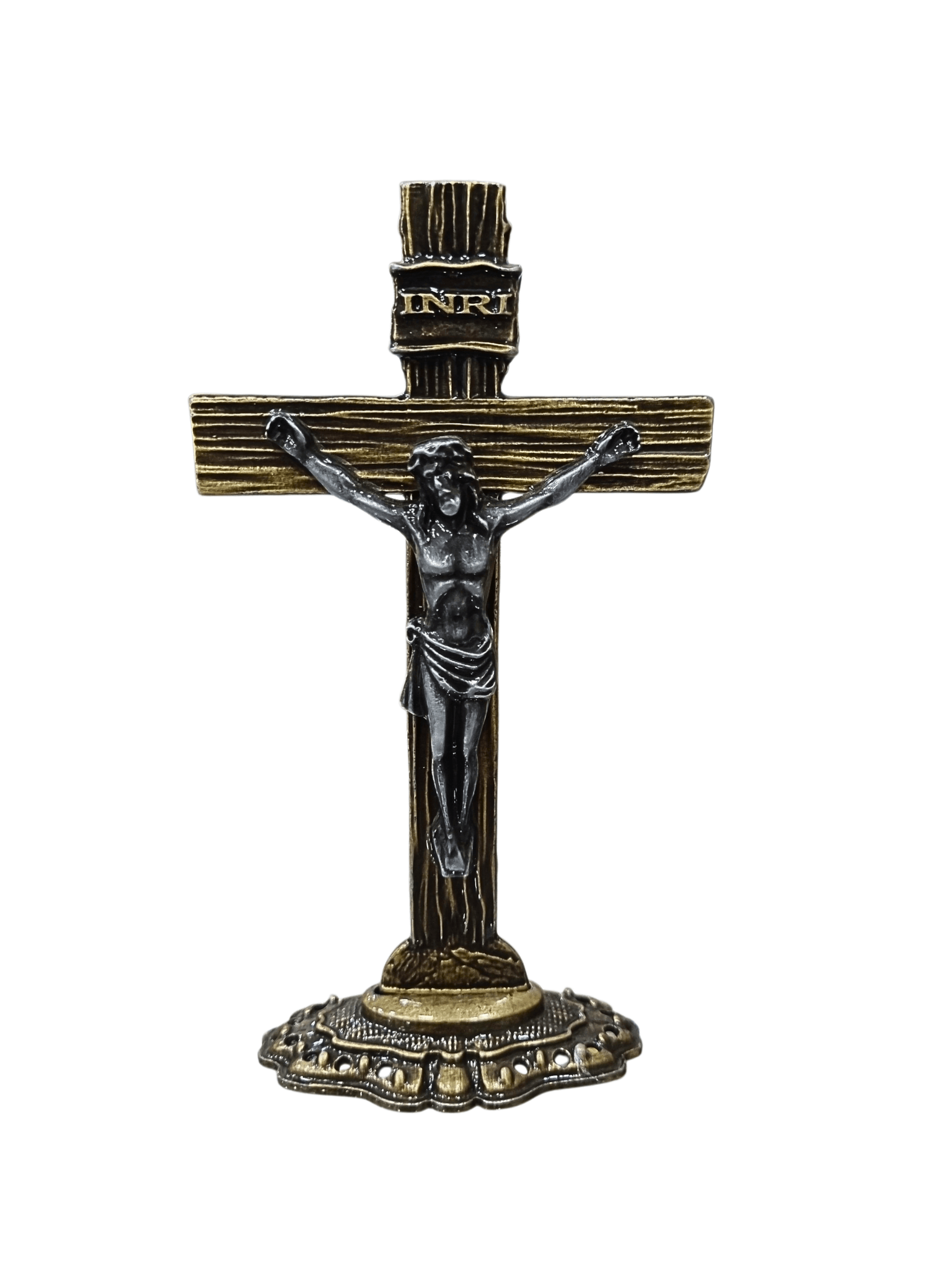 Crucifixo de Mesa Metal Galvanizado Ouro Velho 13,5 cm-TerraCotta Arte Sacra
