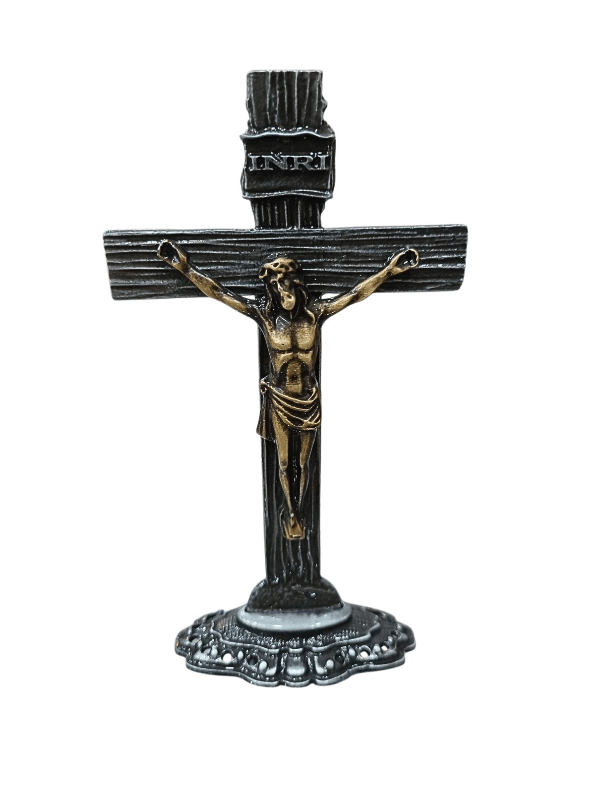 Crucifixo de Mesa Metal Galvanizado Prata Velha 13,5 cm-TerraCotta Arte Sacra