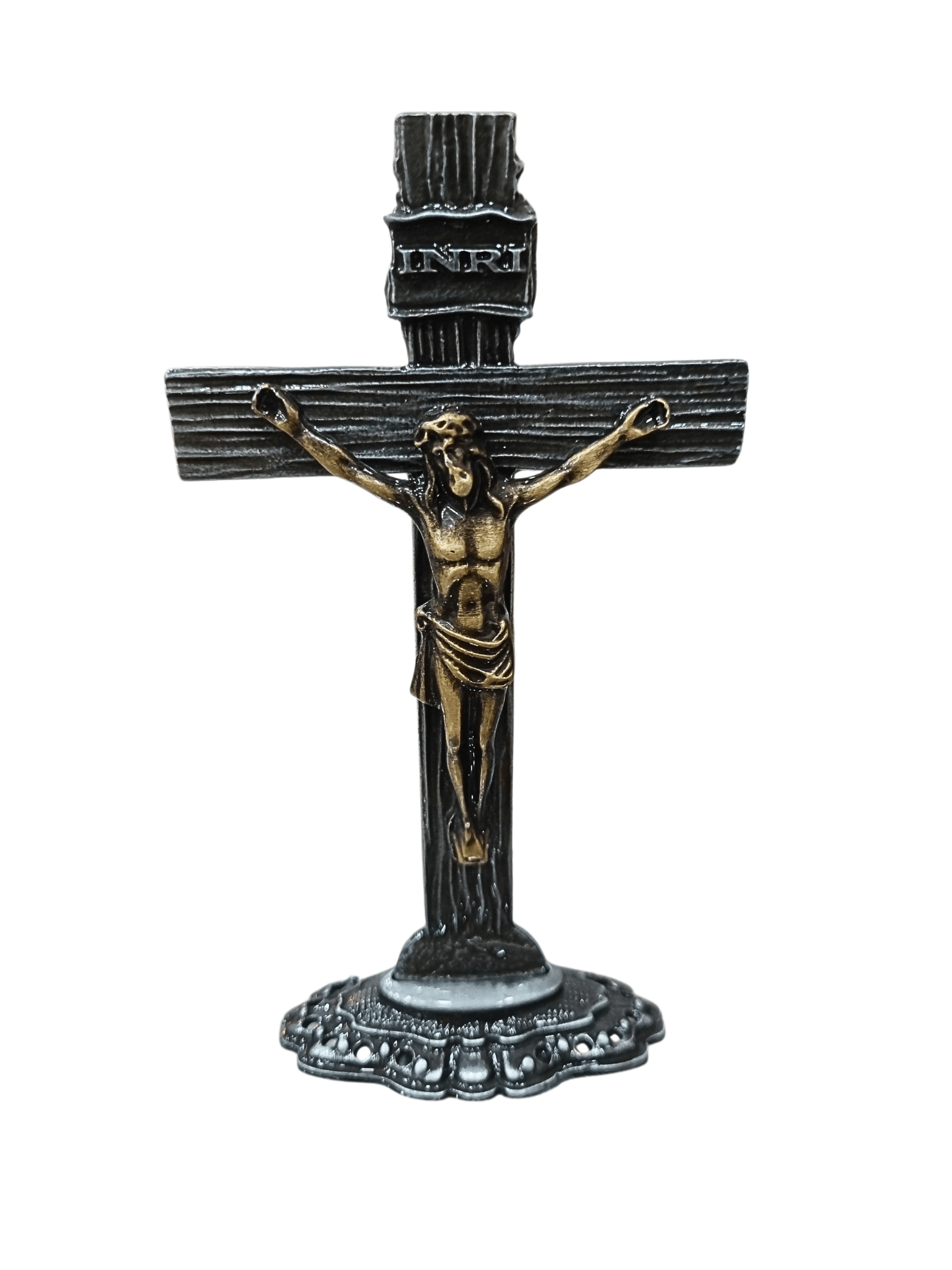 Crucifixo de Mesa Metal Galvanizado Prata Velha 13,5 cm-TerraCotta Arte Sacra