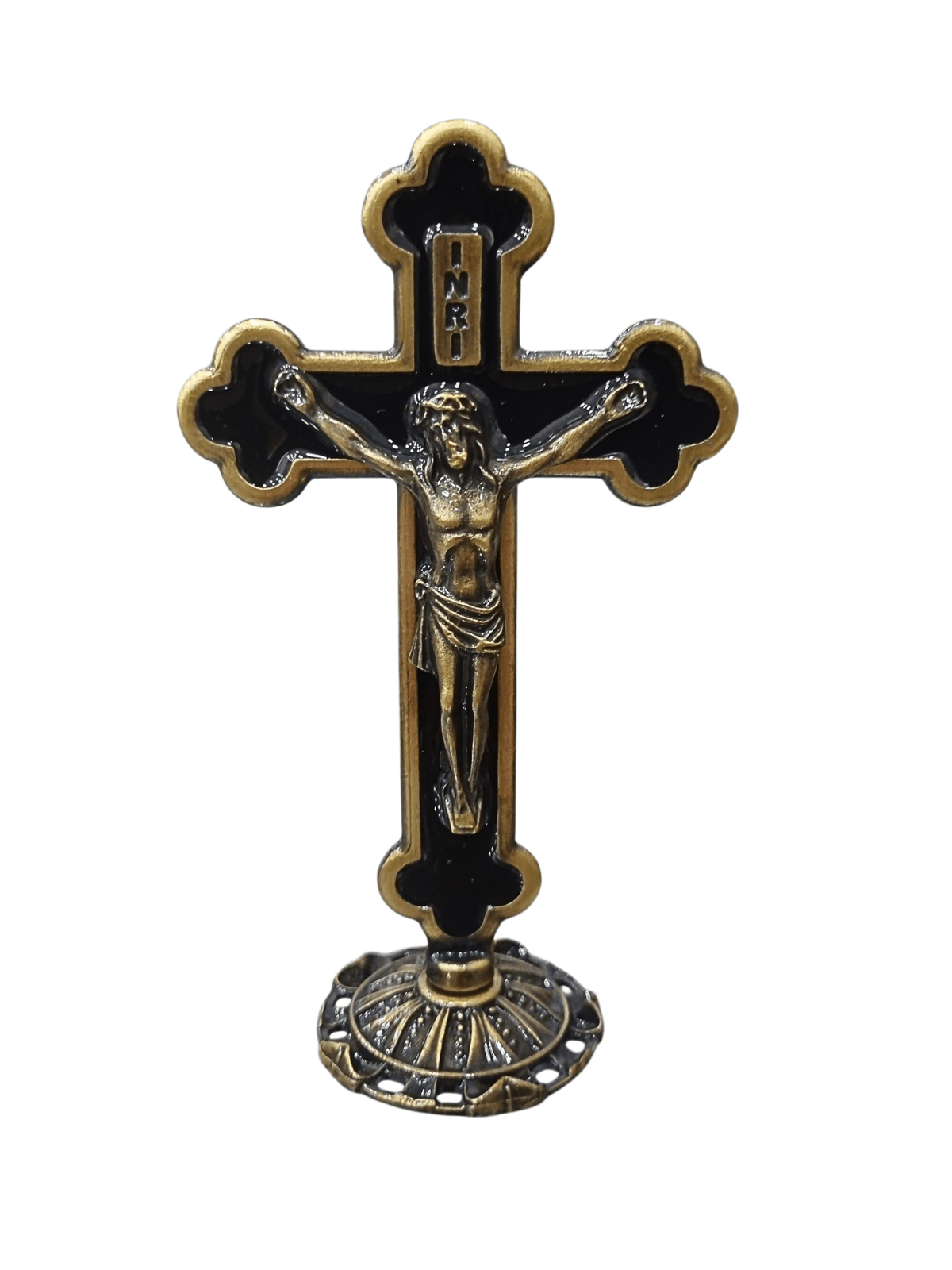 Crucifixo de Mesa Metal Resinado Ouro Velho Preto 14,5 cm-TerraCotta Arte Sacra
