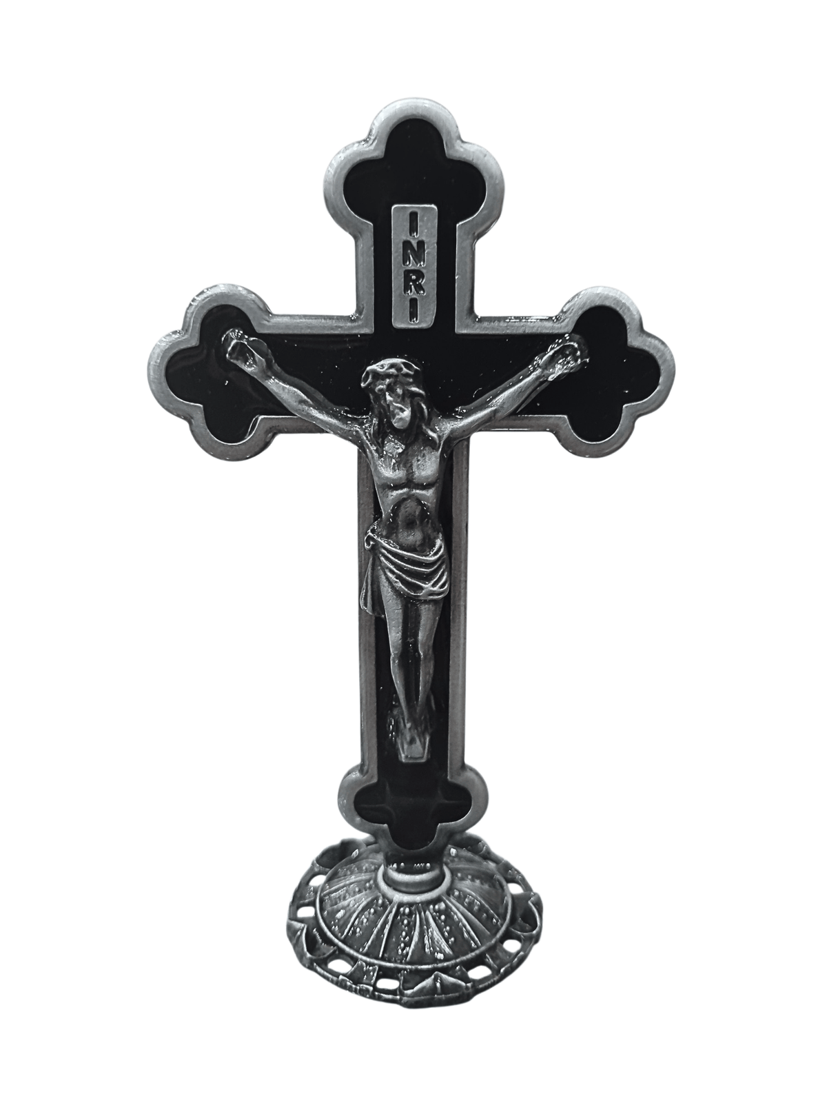 Crucifixo de Mesa Metal Resinado Prata Velha Preto 14,5 cm-TerraCotta Arte Sacra