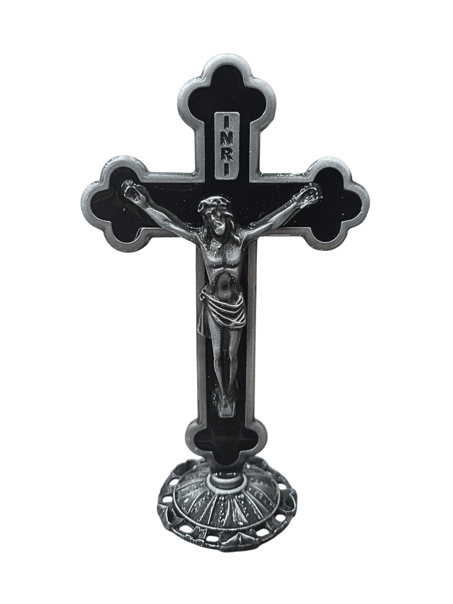 Crucifixo de Mesa Metal Resinado Prata Velha Preto 14,5 cm-TerraCotta Arte Sacra