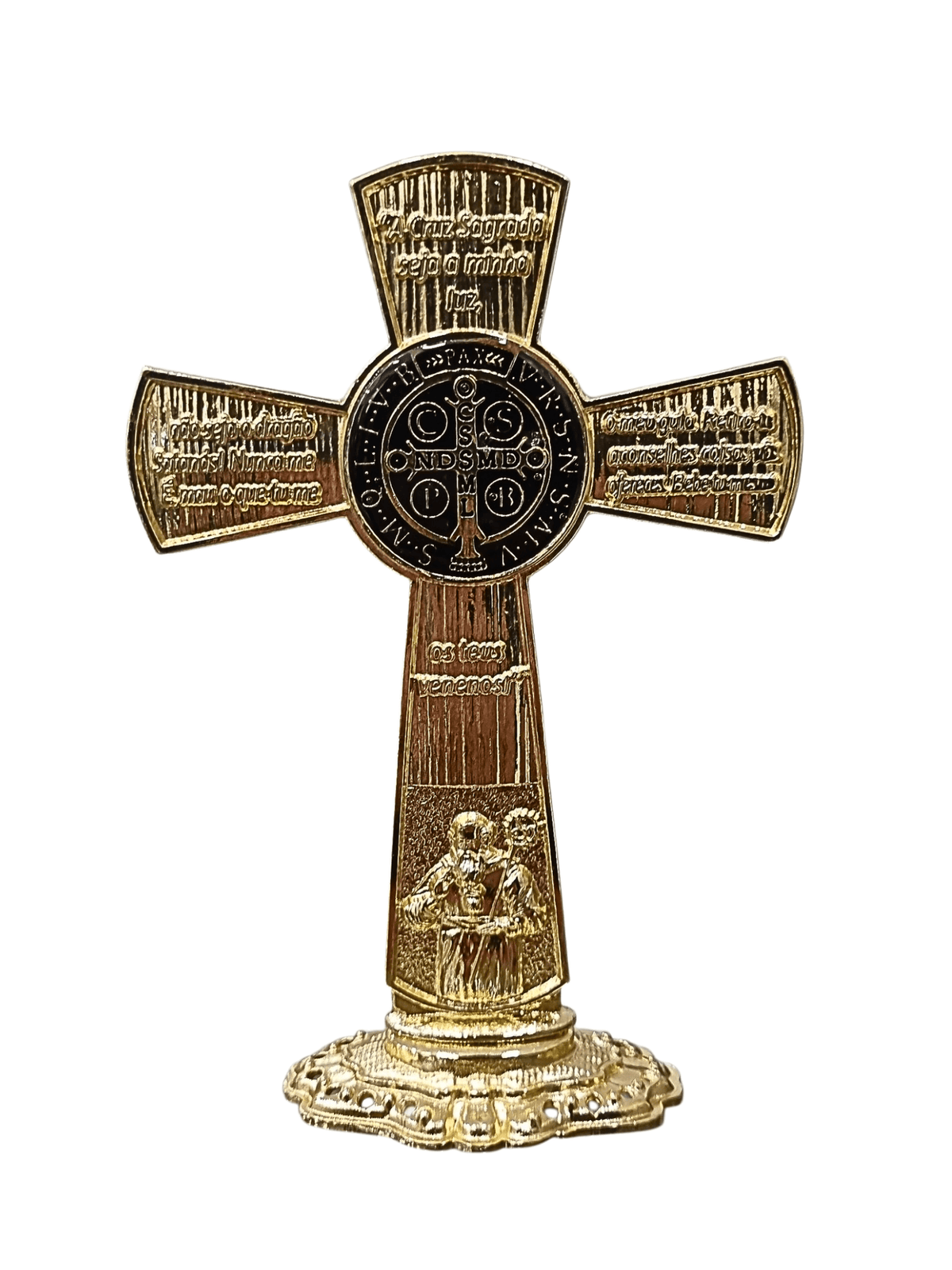Crucifixo de Mesa São Bento Metal Galvanizado Dourado 13,5 cm-TerraCotta Arte Sacra
