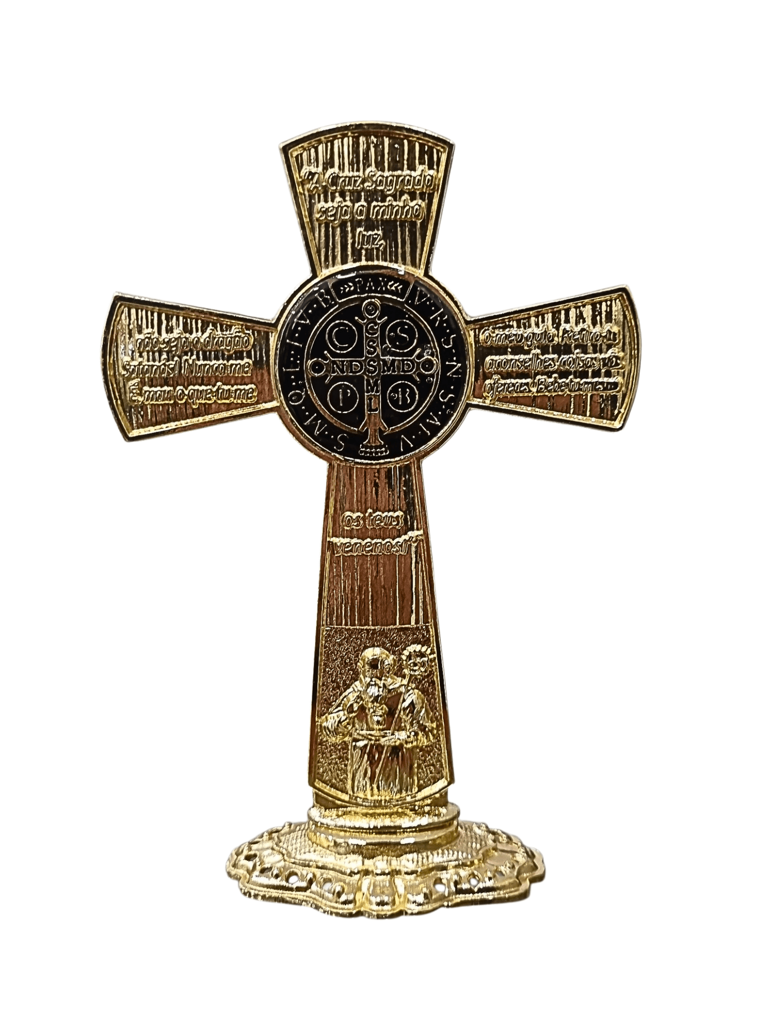 Crucifixo de Mesa São Bento Metal Galvanizado Dourado 13,5 cm-TerraCotta Arte Sacra