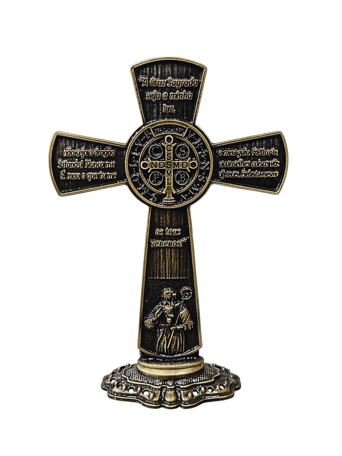 Crucifixo de Mesa São Bento Metal Galvanizado Ouro Velho 13,5 cm-TerraCotta Arte Sacra