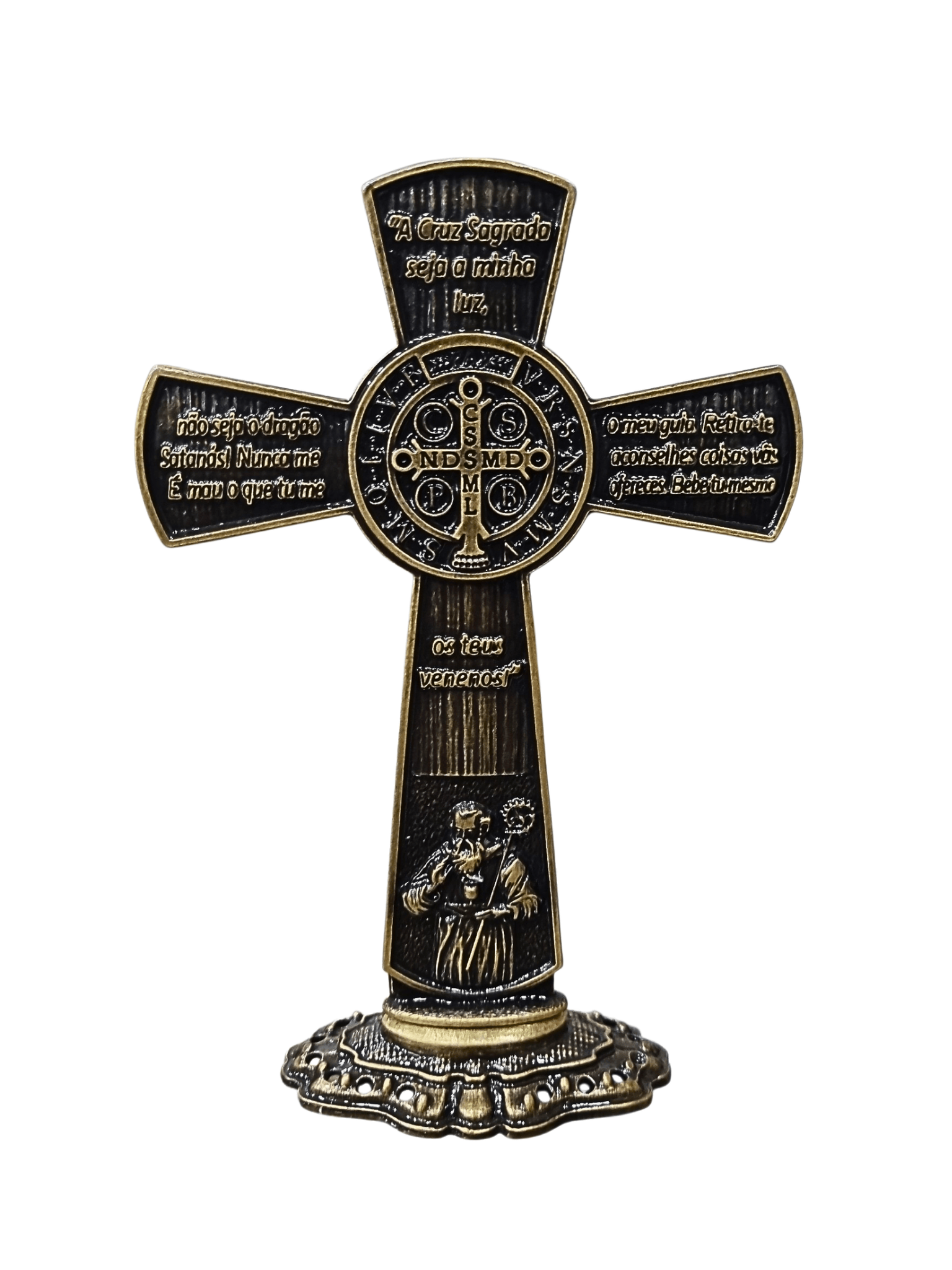 Crucifixo de Mesa São Bento Metal Galvanizado Ouro Velho 13,5 cm-TerraCotta Arte Sacra
