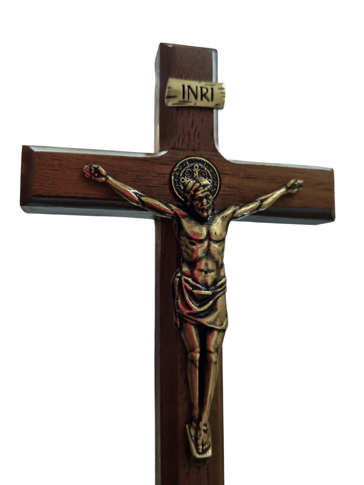 Crucifixo de Mesa em Madeira e Cristo em Metal Ouro Velho 15 cm-TerraCotta Arte Sacra