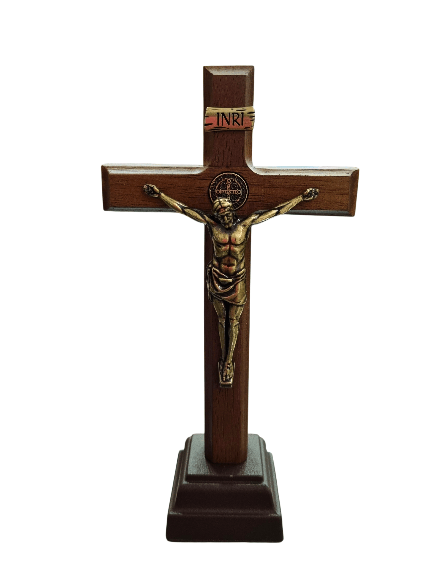 Crucifixo de Mesa em Madeira e Cristo em Metal Ouro Velho 15 cm-TerraCotta Arte Sacra