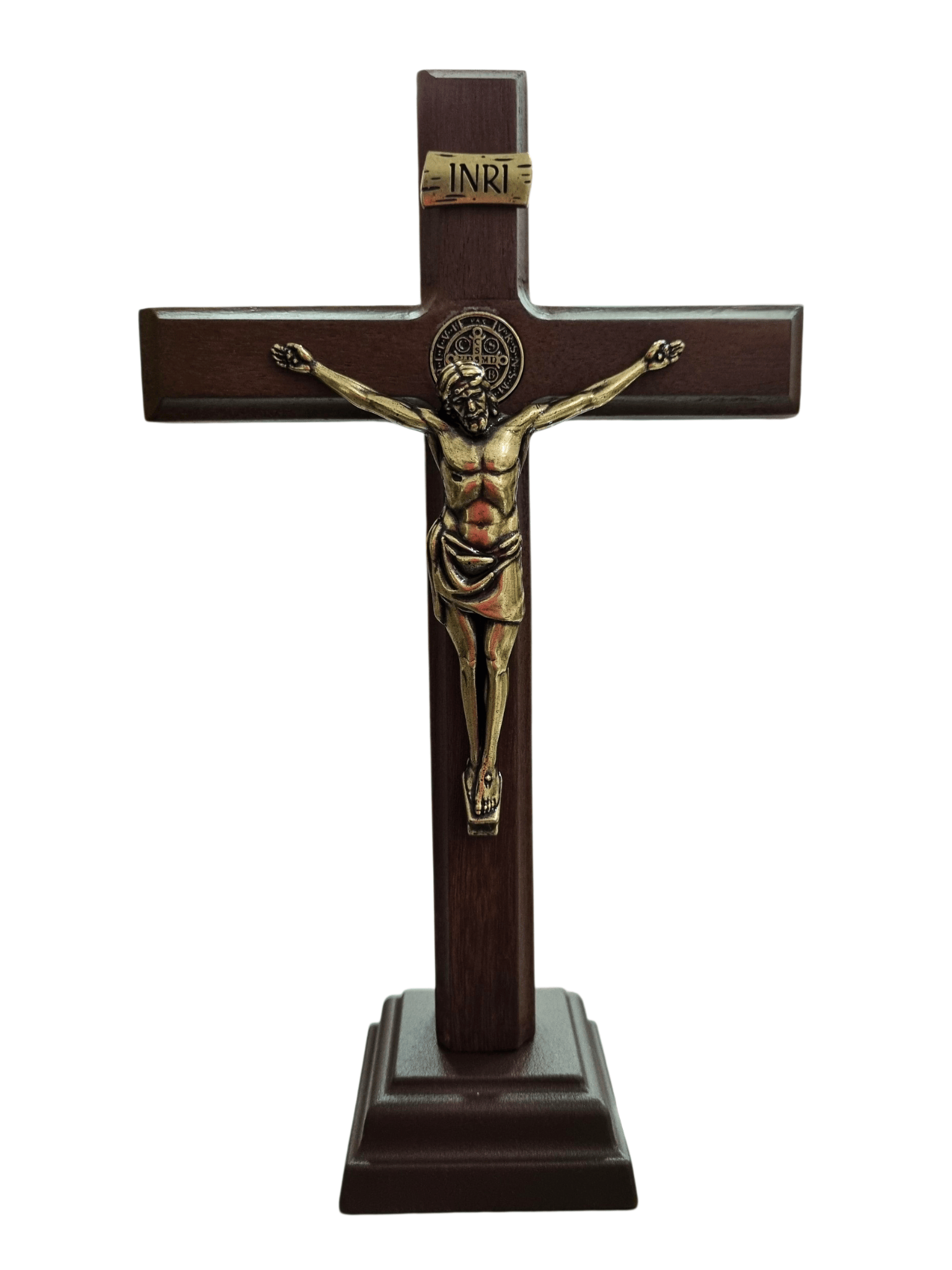 Crucifixo de Mesa em Madeira e Cristo em Metal Ouro Velho 20 cm-TerraCotta Arte Sacra