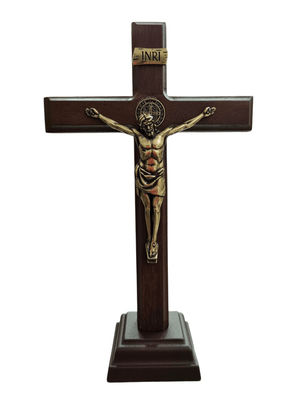 Crucifixo de Mesa em Madeira e Cristo em Metal Ouro Velho 20 cm-TerraCotta Arte Sacra