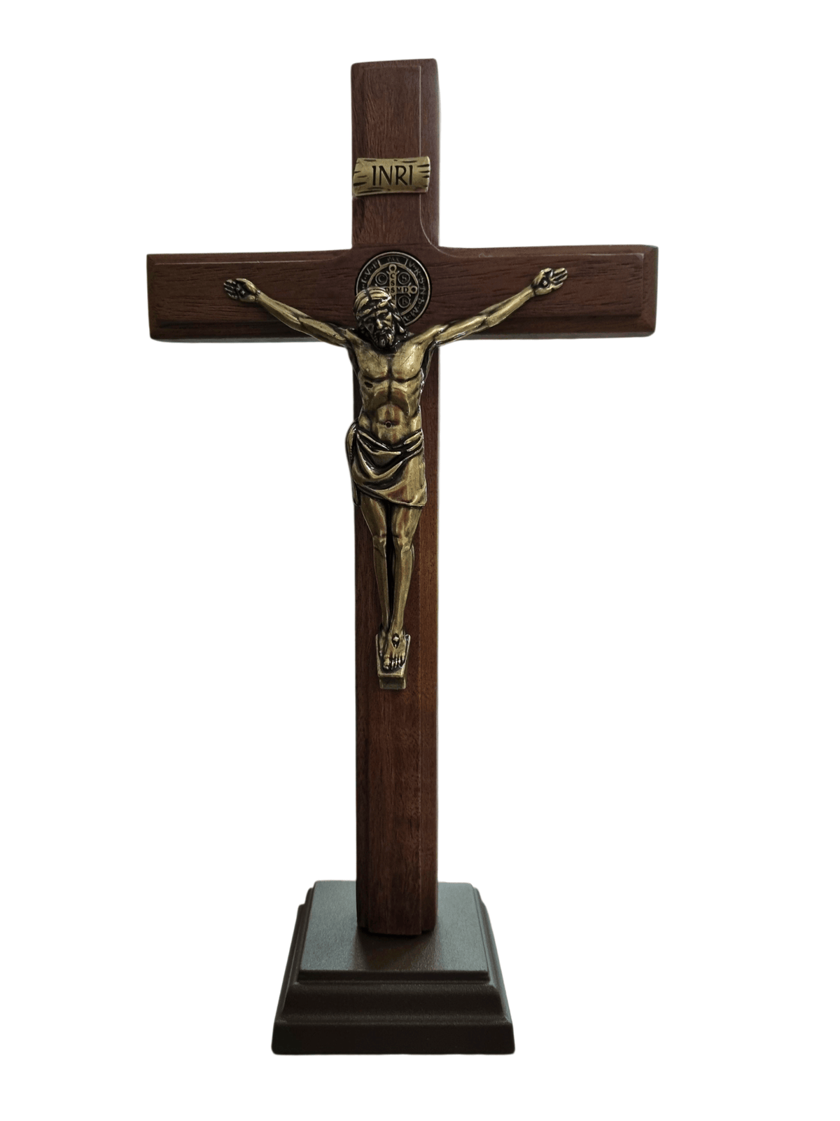 Crucifixo de Mesa em Madeira e Cristo em Metal Ouro Velho 28 cm-TerraCotta Arte Sacra
