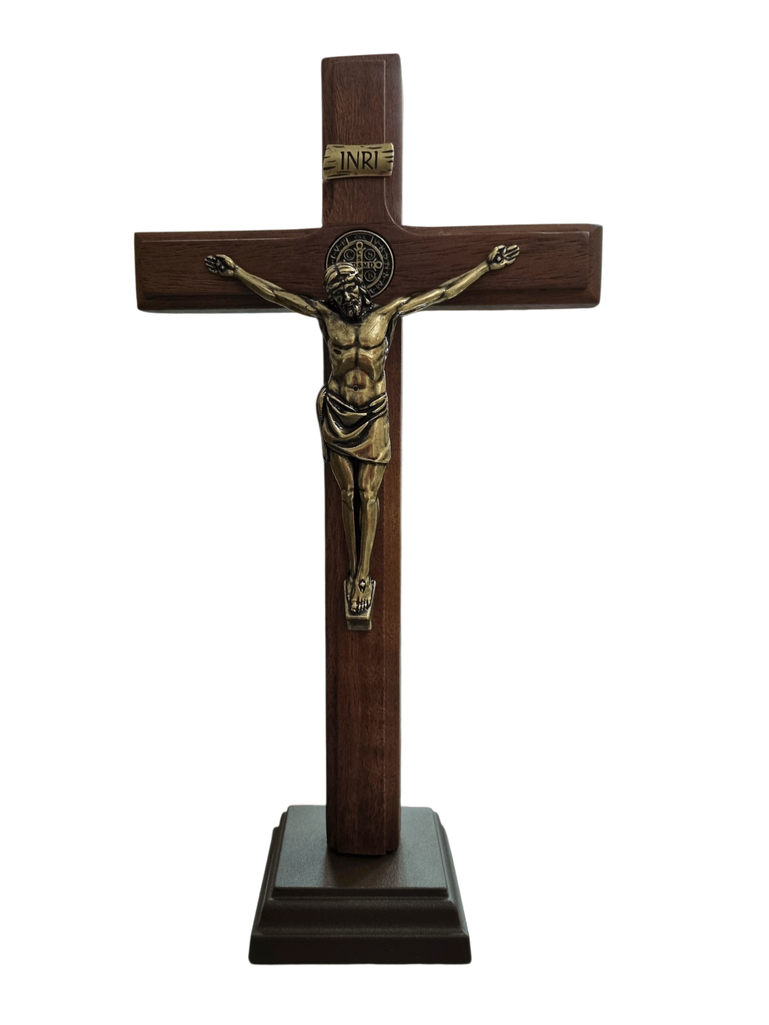 Crucifixo de Mesa em Madeira e Cristo em Metal Ouro Velho 28 cm-TerraCotta Arte Sacra