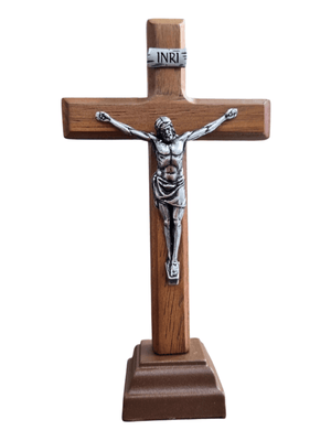 Crucifixo de Mesa em Madeira e Cristo em Metal Prata Velha 15 cm-TerraCotta Arte Sacra