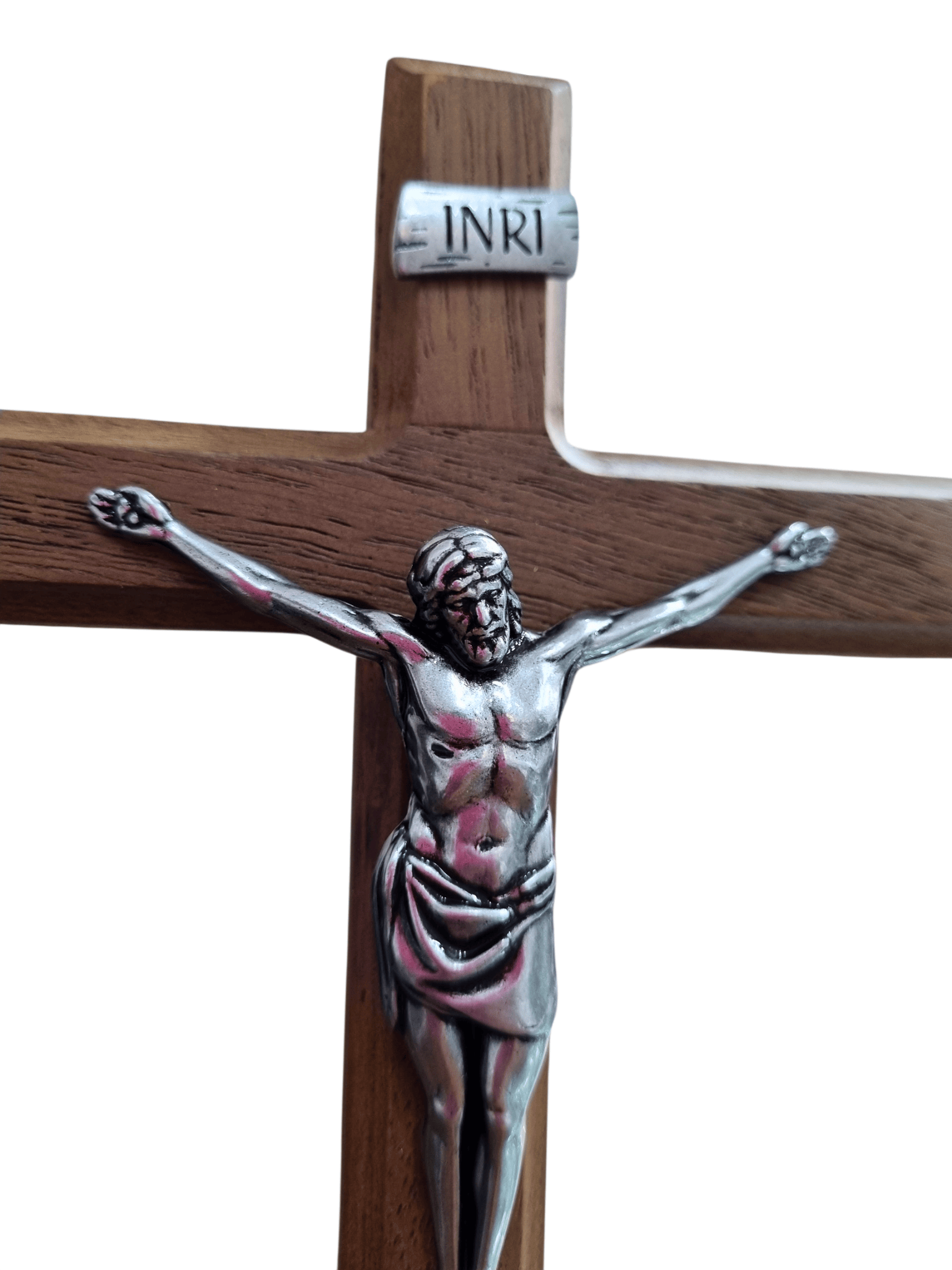 Crucifixo de Mesa em Madeira e Cristo em Metal Prata Velha 20 cm-TerraCotta Arte Sacra