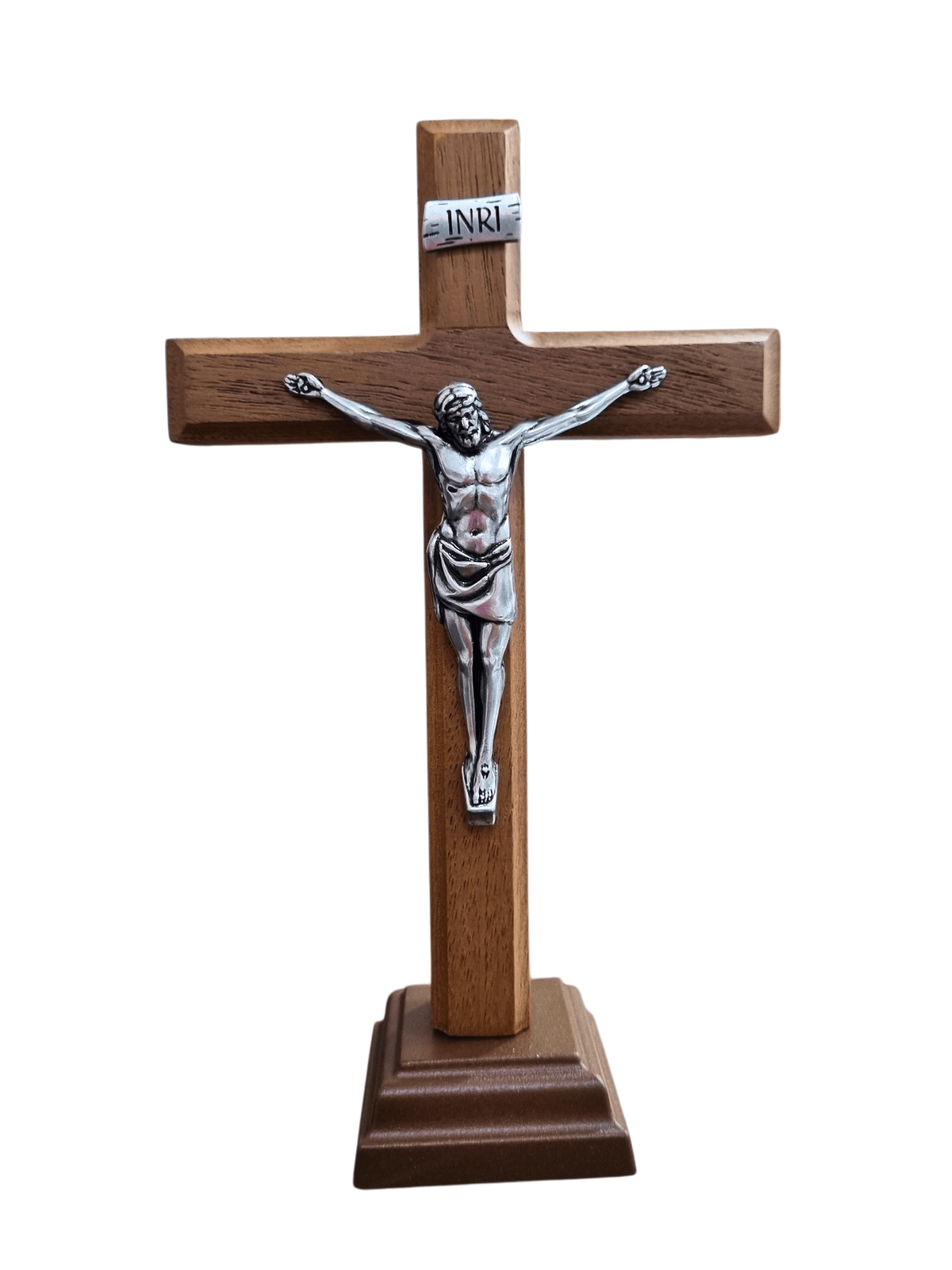 Crucifixo de Mesa em Madeira e Cristo em Metal Prata Velha 20 cm-TerraCotta Arte Sacra