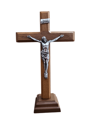 Crucifixo de Mesa em Madeira e Cristo em Metal Prata Velha 20 cm-TerraCotta Arte Sacra